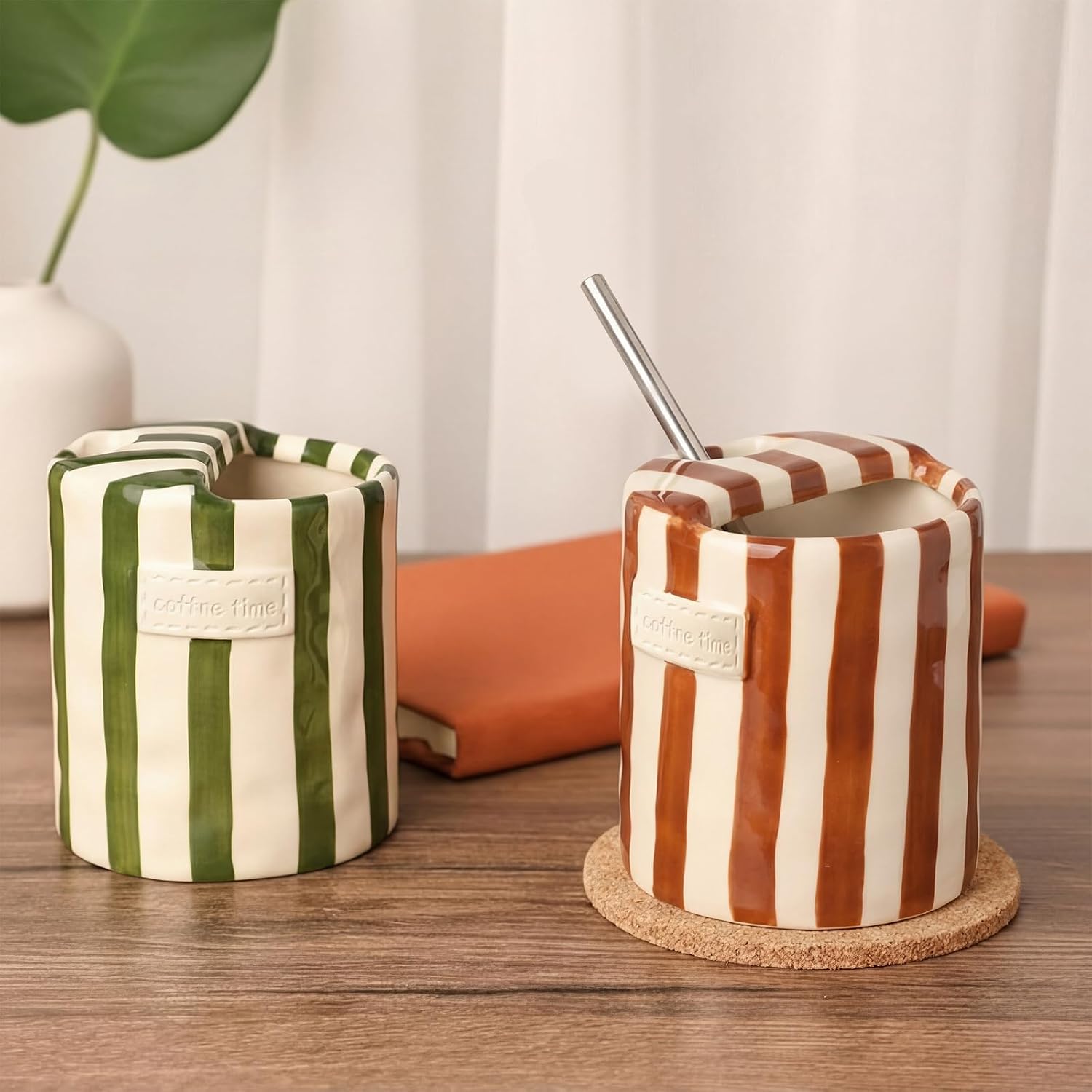2 Pack Ceramic Coffee Mug with Sip Hole Espresso Cup 10oz with Straws Retro Hand Painted Striped Ceramic Iced Coffee Tea Travel Mug Latte Cup for
