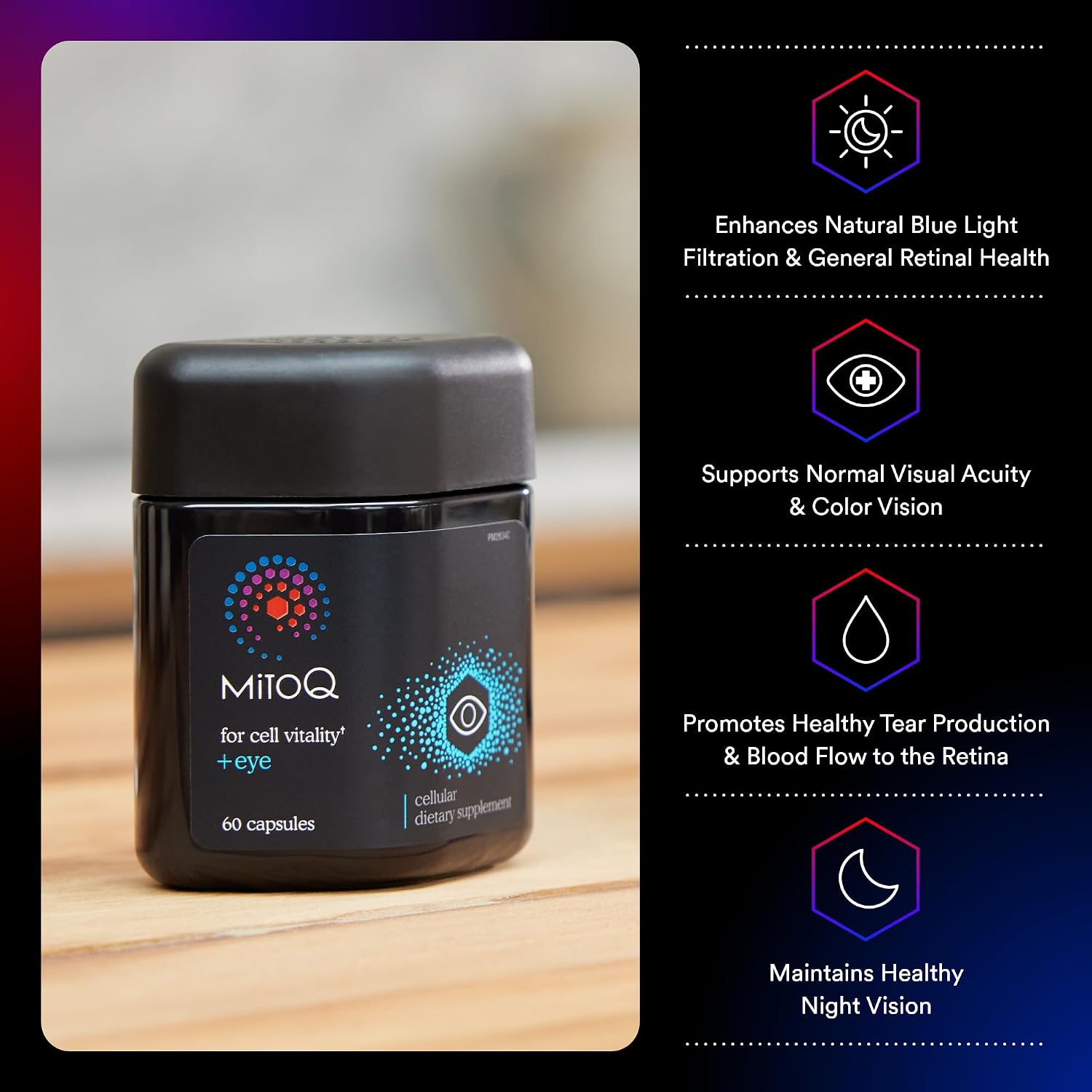 MitoQ +Eye – Eye Health Supplement with Lutein & Zeaxanthin (5:1 Ratio), Bilberry, Maritime Pine Bark, Zinc, Mitoquinol | Supports Macular Health