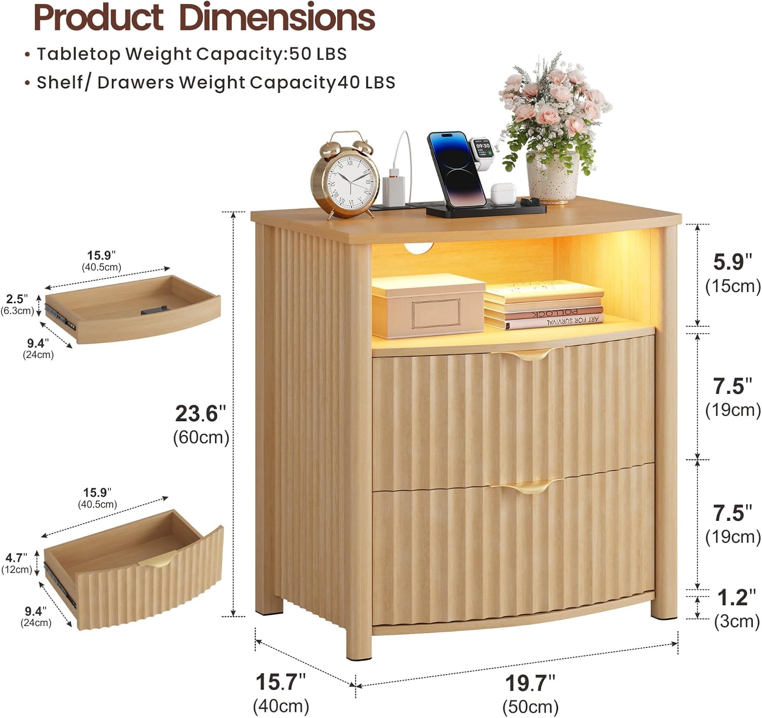 Dystler Fluted LED Night Stand with Hidden Gun Drawer & Charging | 19.7" W Curved Smart Bedside Table, 3-Color LED lights, 2 Drawers, Nightstand with Card-Lock, End Table for Bedroom, Walnut