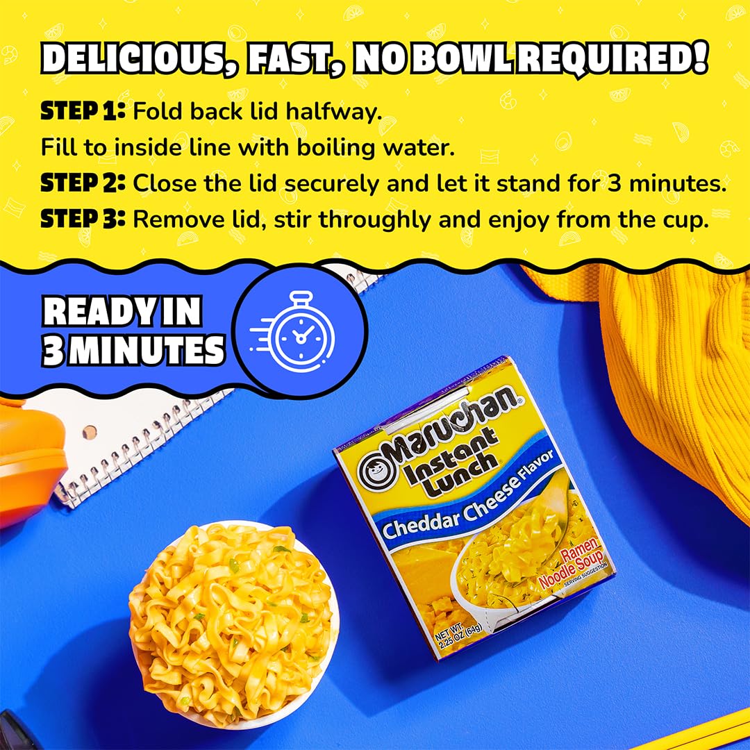 Maruchan Instant Lunch Ramen Noodles, Cheddar Cheese Flavor – Japanese-Style Instant Noodle Soup, Easy Meal Ready in 3 Minutes – 2.25 Oz. (12 Pack)