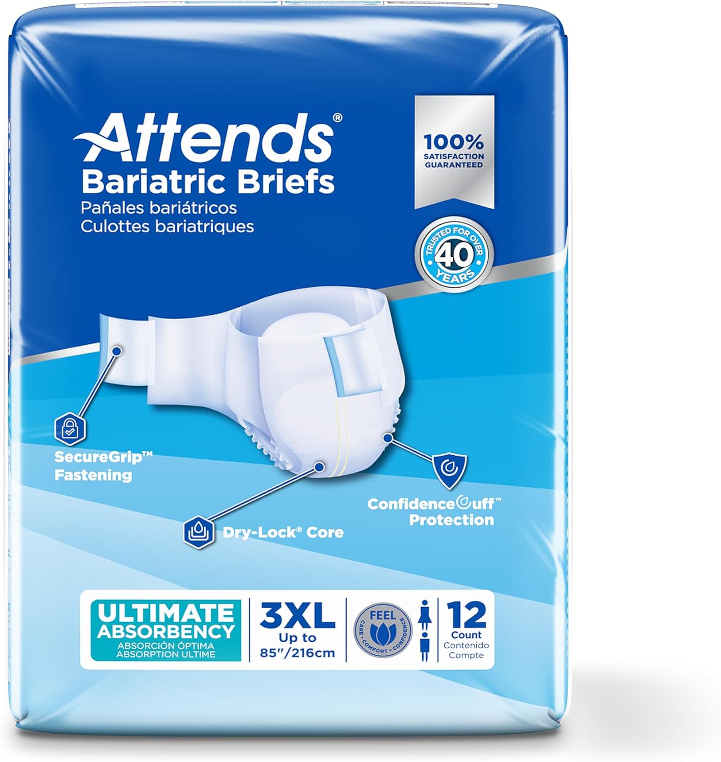 Attends Bariatric Incontinence Disposable Briefs, XX-Large, 63"-70" Waist with Tab Closures, Ultimate Absorbency, Dry-Lock Containment Core and ConfidenceCuff Leakage Protection, 2XL 48ct Case