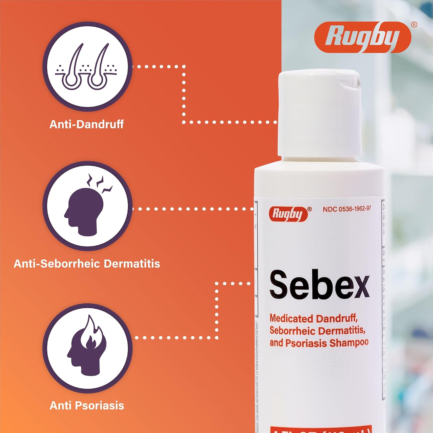 Rugby Sebex Medicated Dandruff Shampoo for Women and Men - 2% Sulfur and 2% Salicylic Acid Anti-Dandruff Shampoo - Helps With Symptoms of Seborrheic Dermatitis and Psoriasis - 4 Oz. (1 Pack)