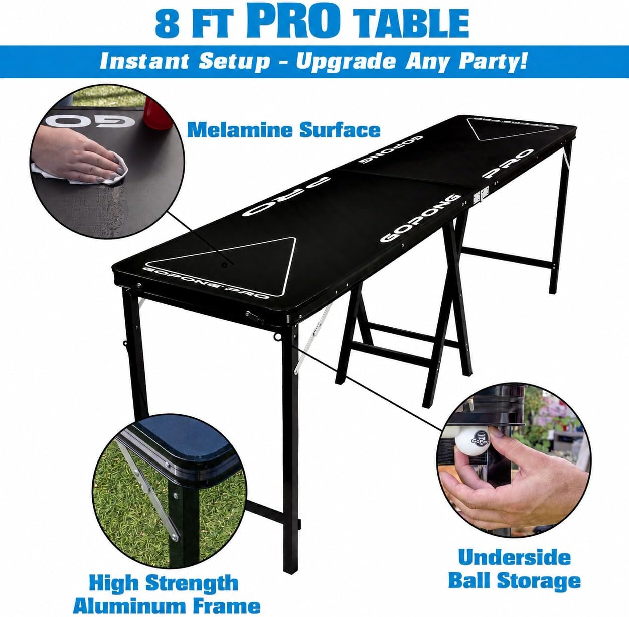 GoPong PRO 8 Foot Premium Beer Pong Table - Heavy-Duty (Black, 36-Inch Tall)
