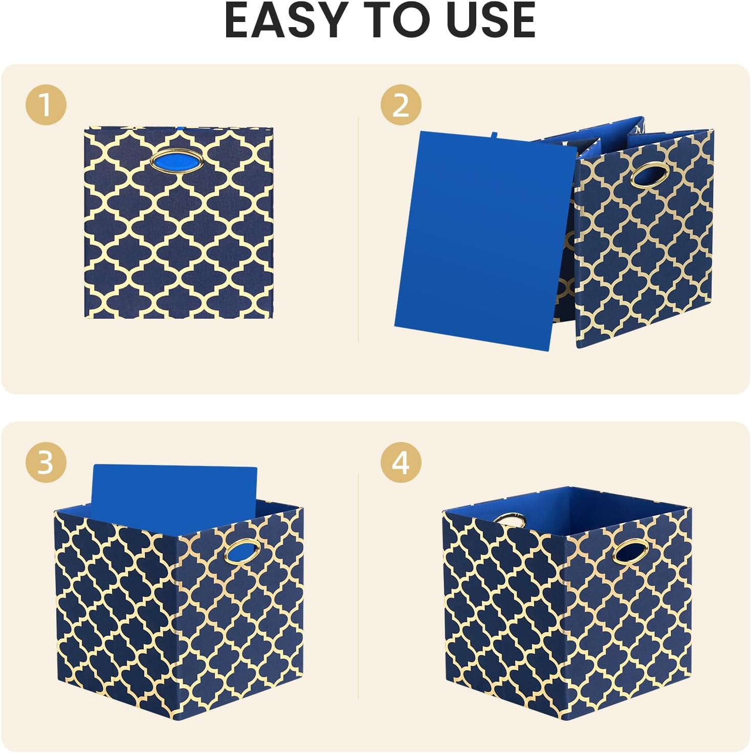 Posprica Storage Bins, Storage Cubes,13×13 Fabric Drawers Organizer Basket Boxes Containers (13×13×13/4pcs, Cream/gold geometry Pattern)