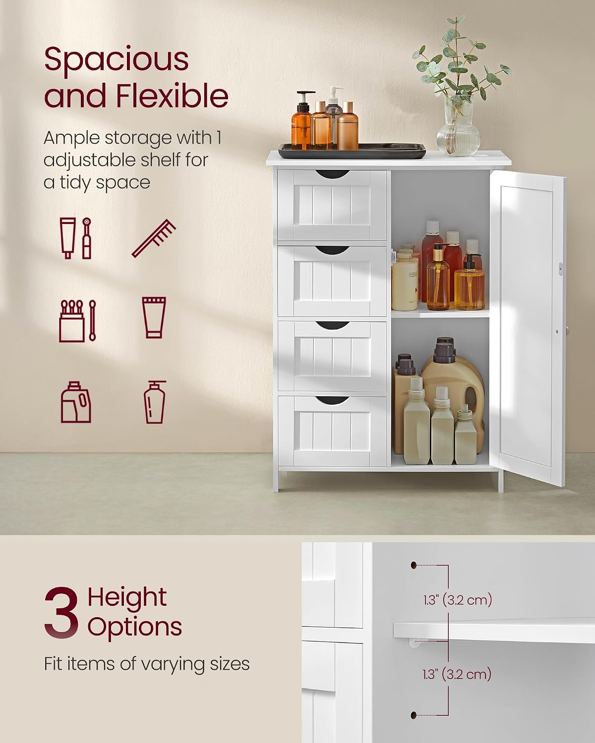 VASAGLE Floor Storage Cabinet, Freestanding Storage Unit with 2 Adjustable Shelves, for Bathroom Living Room Dining Kitchen, 11.8 x 23.6 x 31.5 Inches, Cloud White UBCB60WV1