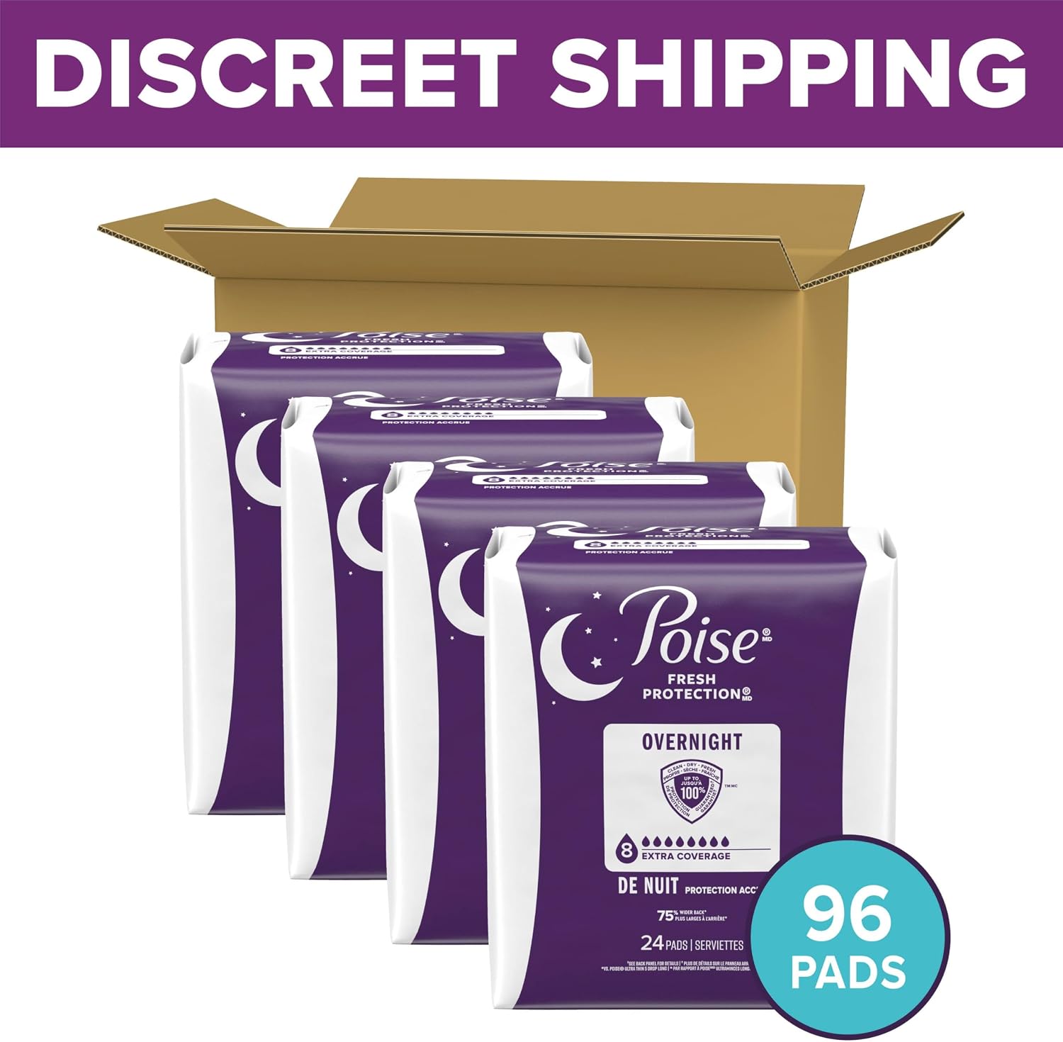 Poise Overnight Incontinence & Postpartum Pads for Bladder Leaks, 8 Drop Extra Coverage, 72 Count (2 Packs of 36), Packaging May Vary