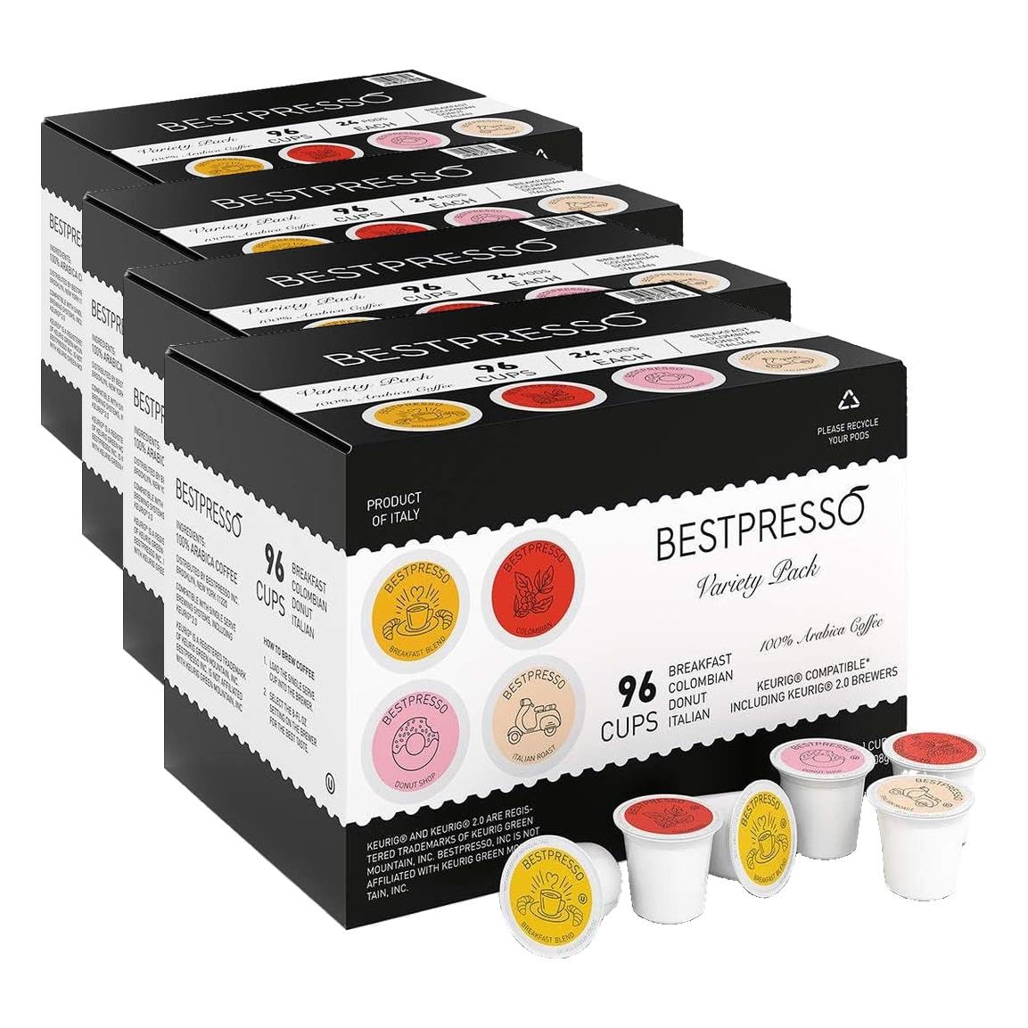 Bestpresso Coffee, Donut Shop Medium Roast Single Serve K-Cup Pods, 96 Count (Compatible With 2.0 Keurig Brewers) 8 Packs Of 12 Cups