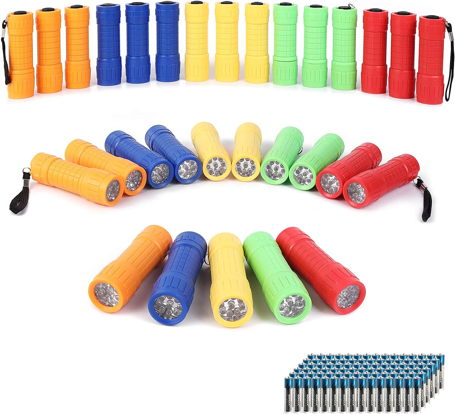 Whaply 30-Pack Small Mini Flashlight Set, 5 Colors, 9-LED Handheld Flashlight with Lanyard