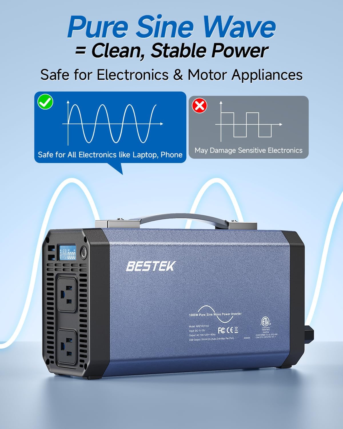 BESTEK Pure Sine Wave Power Inverter - 1000W Car Inverter DC 12V to 110V AC - Car Charger Adapter Outlet with 4.8A Dual USB Charging Ports - Digital