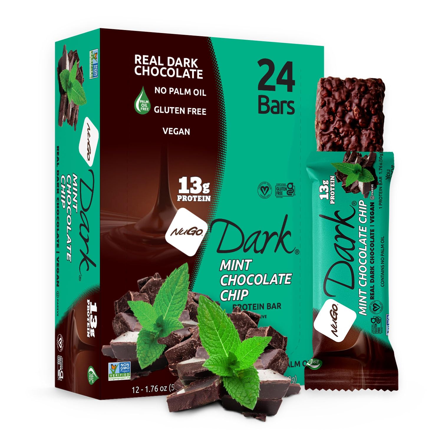 NuGo Dark, Mint Chocolate Chip, 13g Vegan Protein Bar, Gluten Free, 24 CT