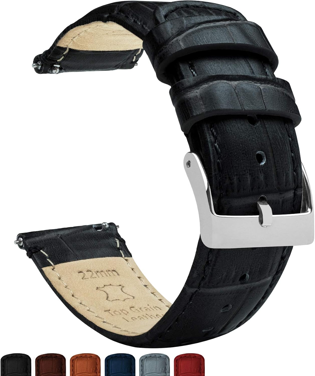 BARTON WATCH BANDS, 20mm Black - Long - Alligator Grain - Quick Release Leather Watch Bands
