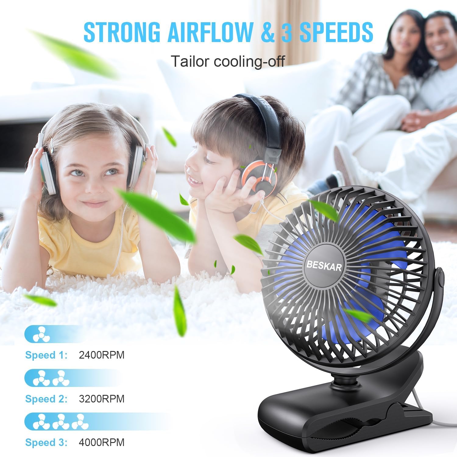 BESKAR USB Clip on Fan, Portable Small Desk Fan with Cord Powered