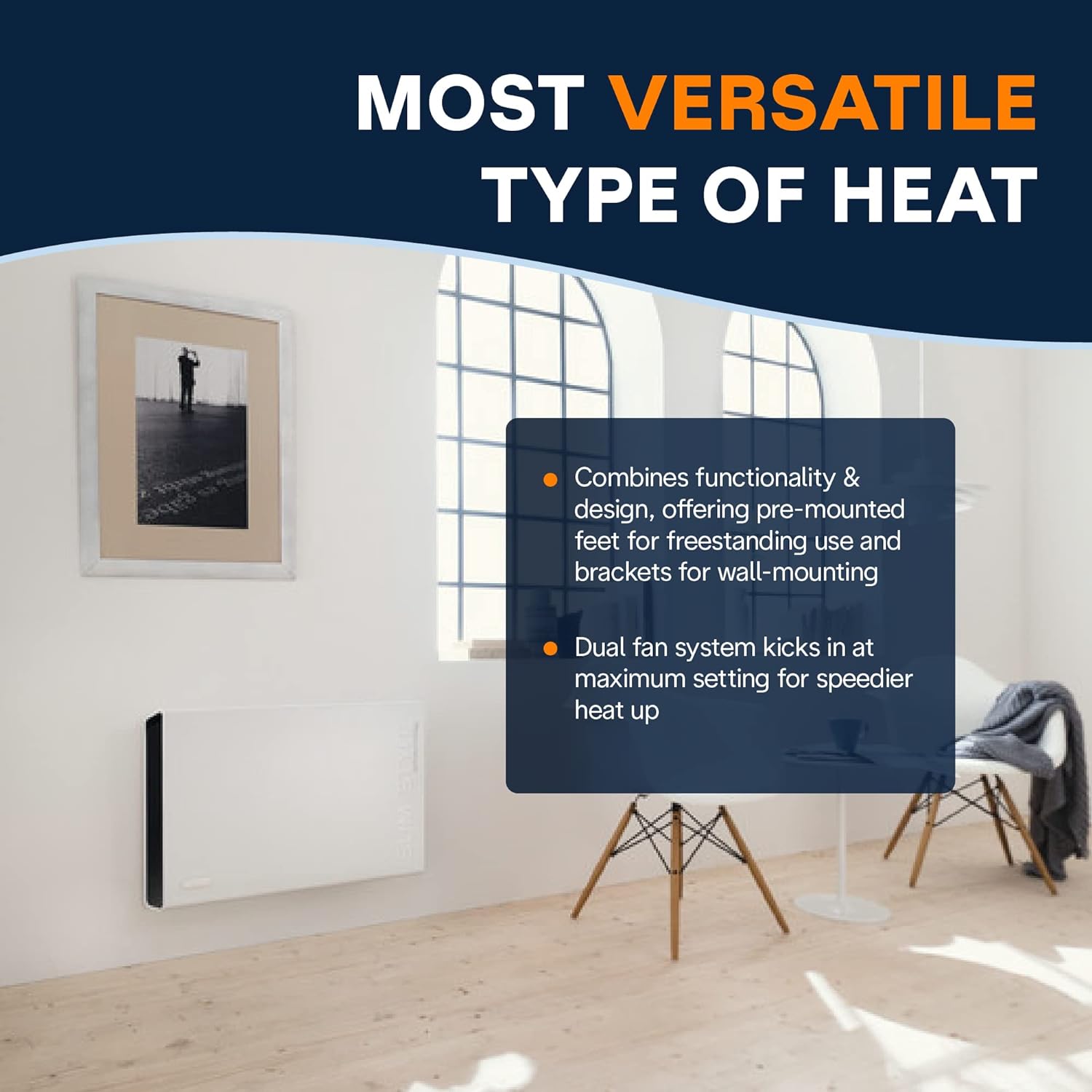 DeLonghi Convection Panel Heater, Full Room Quiet 1500W, portable electric heater is freestanding/easily wall mounted. Energy Saving, quick heat distribution, timer, asphalt gray, HCX9115E