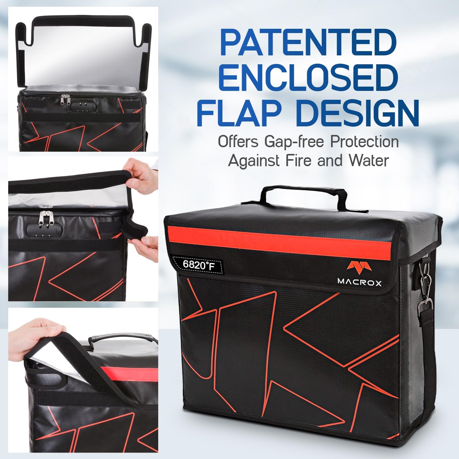 Fireproof Document Bag with lock, Patented Enclosed Flap, X Large
