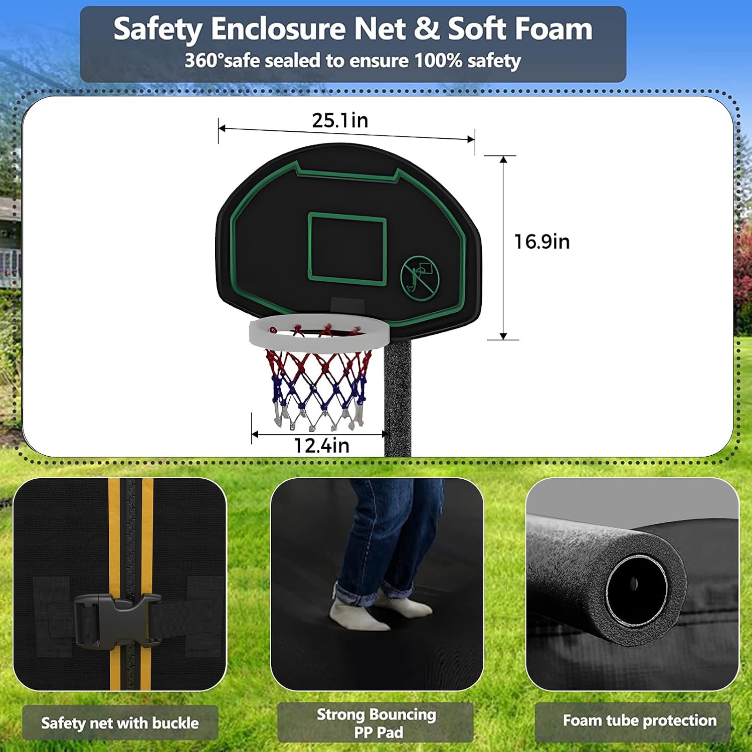 10 12 14 16FT Trampoline Outdoor, Light/Sprinkler/Basketball Hoop | Large Recreational Trampoline for Kids and Adults, Heavy Duty Yard Trampolines with Enclosure Net, ASTM Approval