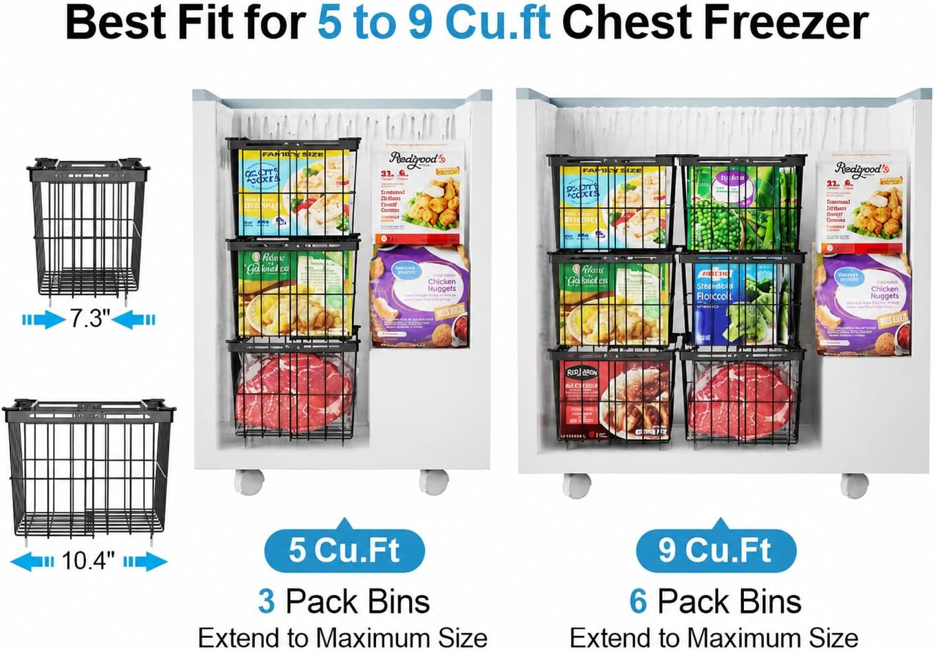 Freezer Organizer Bins - 3 Pack Adjustable Width for 5 to 7 Cu Ft Chest Freezers