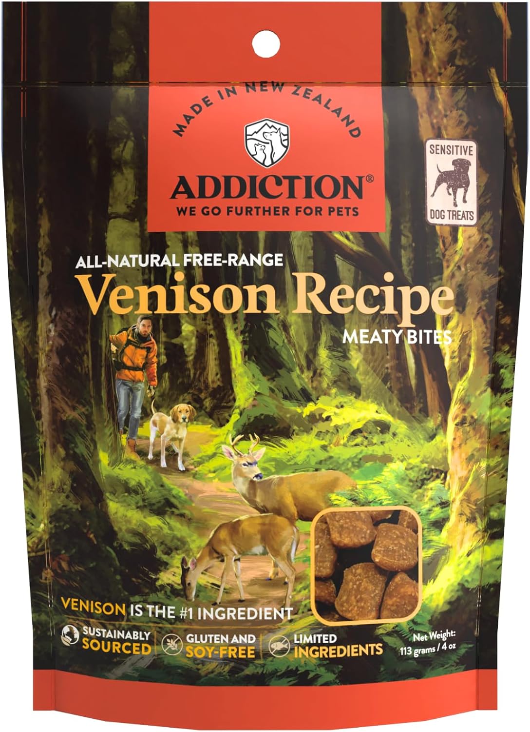 Addiction Venison Recipe Meaty Bites, All Natural Free Range Grain Free High Meat Dog Treats, 4 Oz.