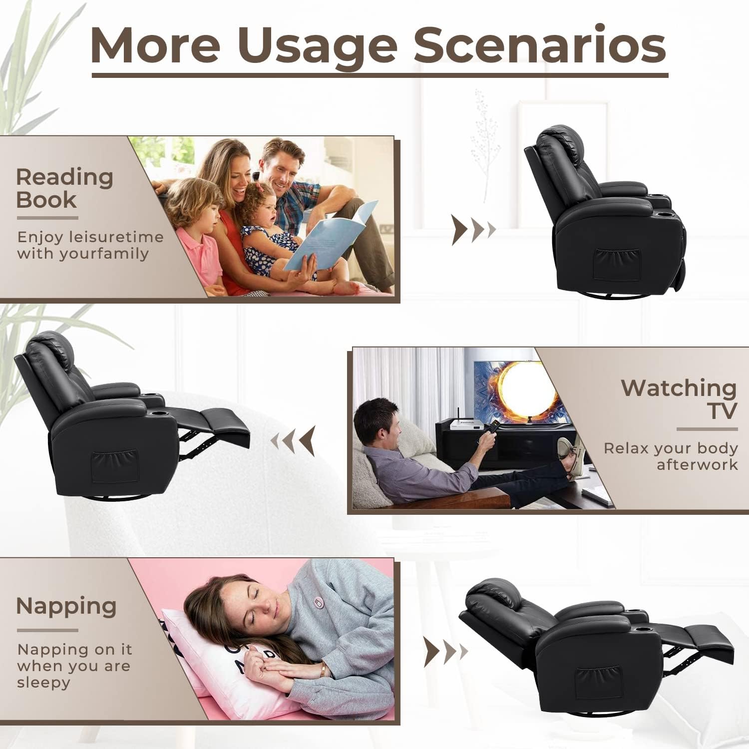 Furniwell Rocker Recliner Chair with Massage for Elderly, Leather Adjustable 360°Swivel Rocking Sofa for Living Room with Remote Control
