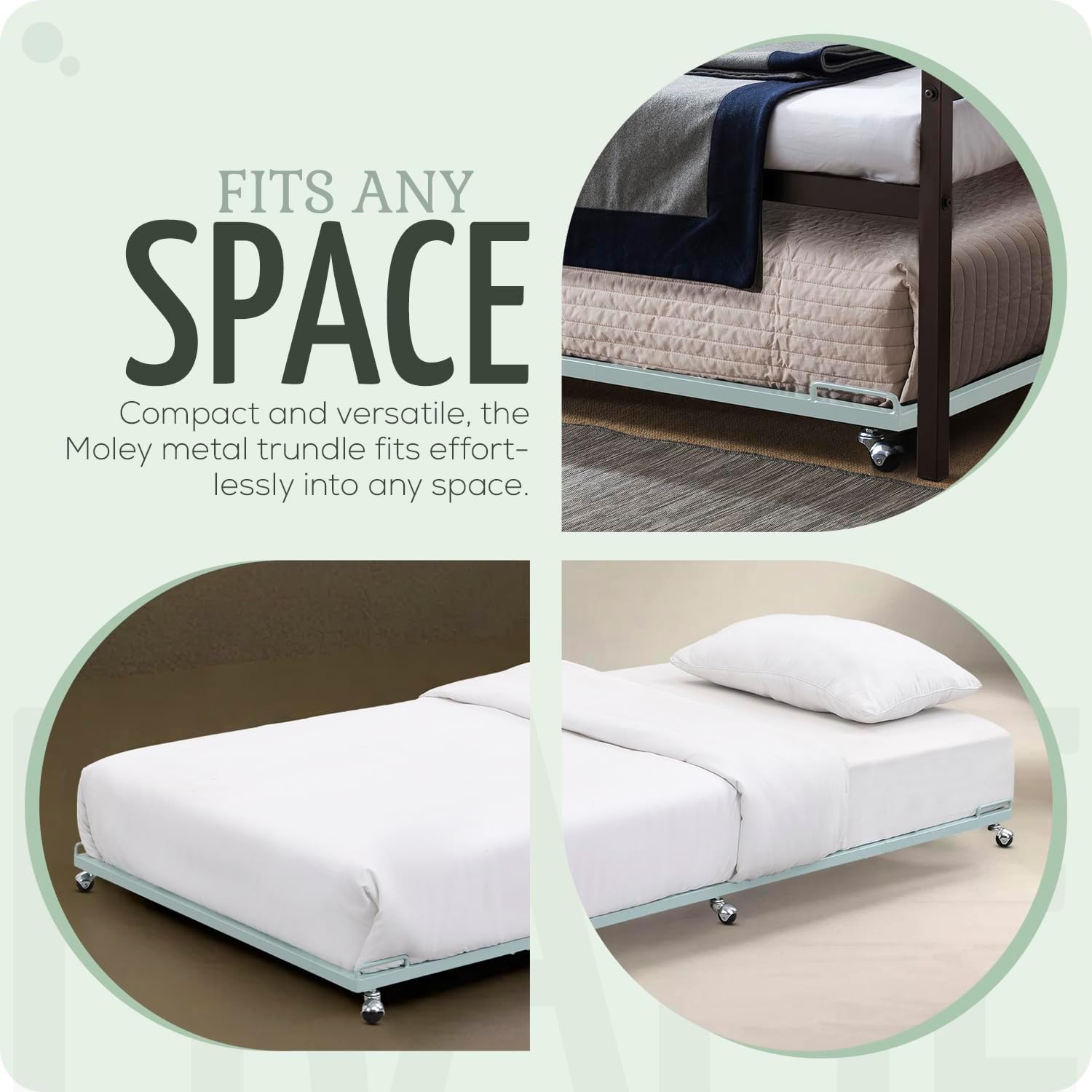 2K Furniture Designs - Twin Size Black Metal Roll Out Trundle Bed Frame for Daybed | Space-Saving Guest Bed - Slides Under Daybeds for Overnight Visitors, Dorms, and Small Spaces