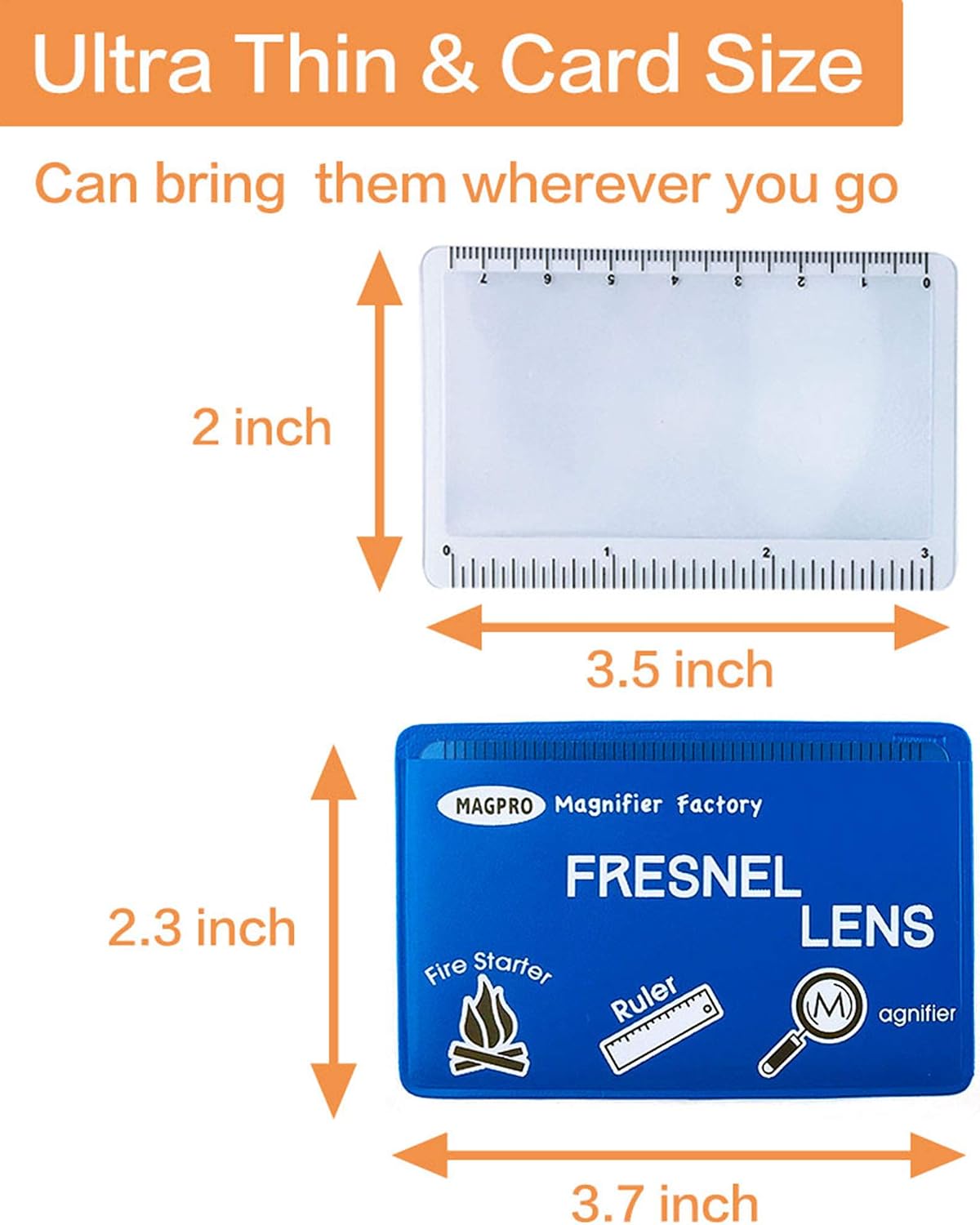 MagDepo 6 Pack Credit Card Size Magnifier Ruler Fire Starter Magnifying Glass Wallet Pocket Magnifier for Reading Small Print, Map, and Book-Blue