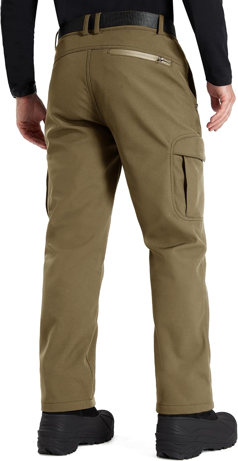 FREE SOLDIER Men's Outdoor Softshell Fleece Lined Cargo Pants | Snow Ski Hiking Pants with Belt, Waterproof Winter Pants, Insulated Work Pants, Breathable Windproof Insulated Pants