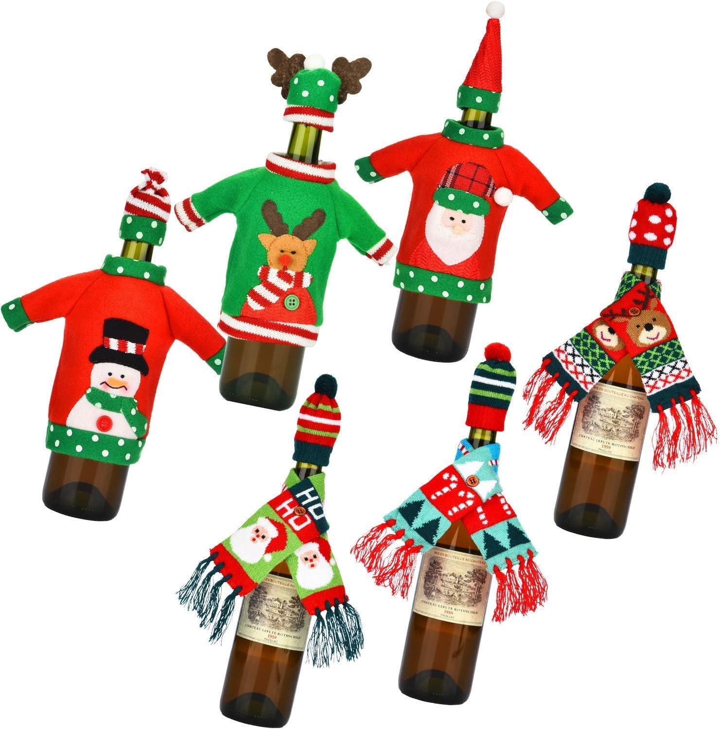 BALANSOHO 12 Pcs Christmas Ugly Sweater Wine Bottle Covers for Wine Bottles Cute Scarves Hats Cover Party Decor Table Decorations