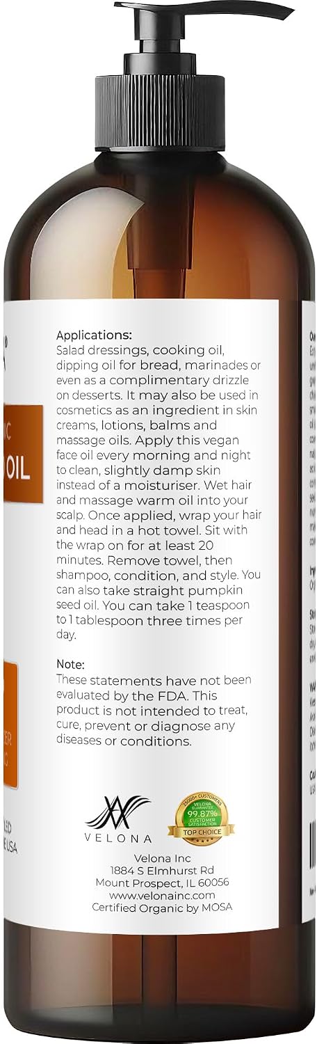 velona Pumpkin Seed Oil USDA Certified Organic - 16 Fl Oz | 100% Pure and Natural Carrier Oil | Unrefined, Cold Pressed | Cooking, Face, Hair