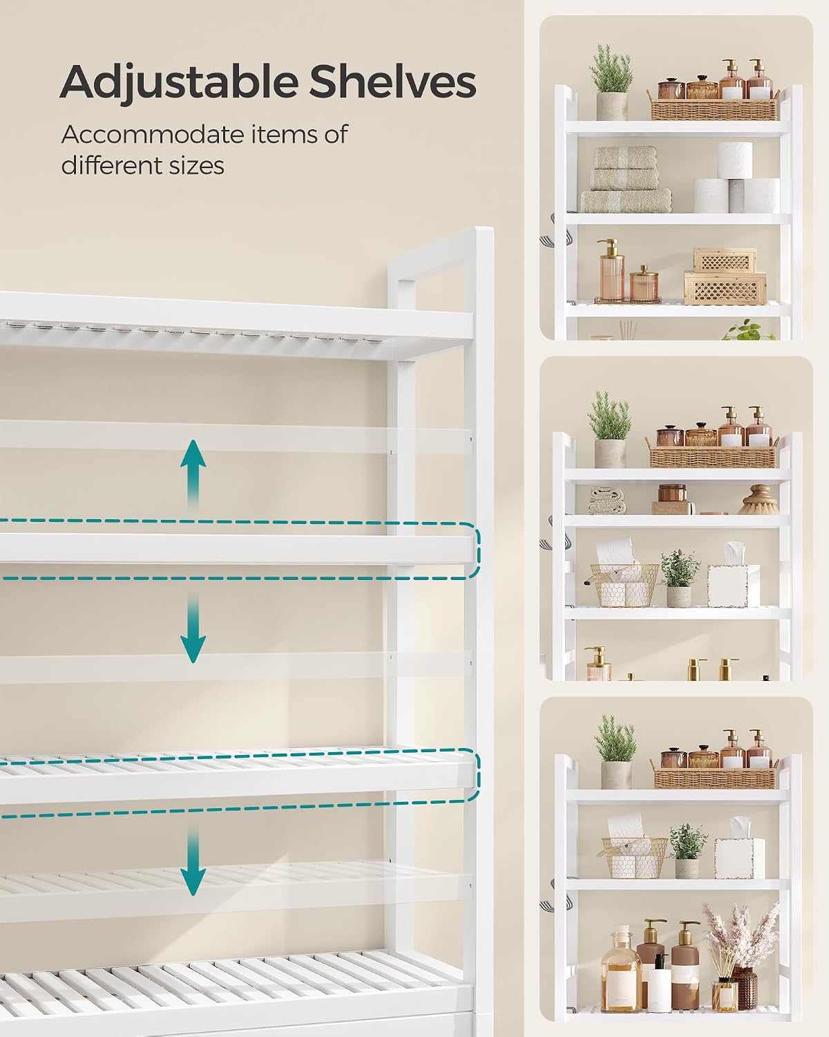 SONGMICS Over The Toilet Storage, 3-Tier Over Toilet Bathroom Organizer with Adjustable Shelf, 10.2 x 24.8 x 66.9 Inches, Space-Saving, Cloud White UBTS01WT