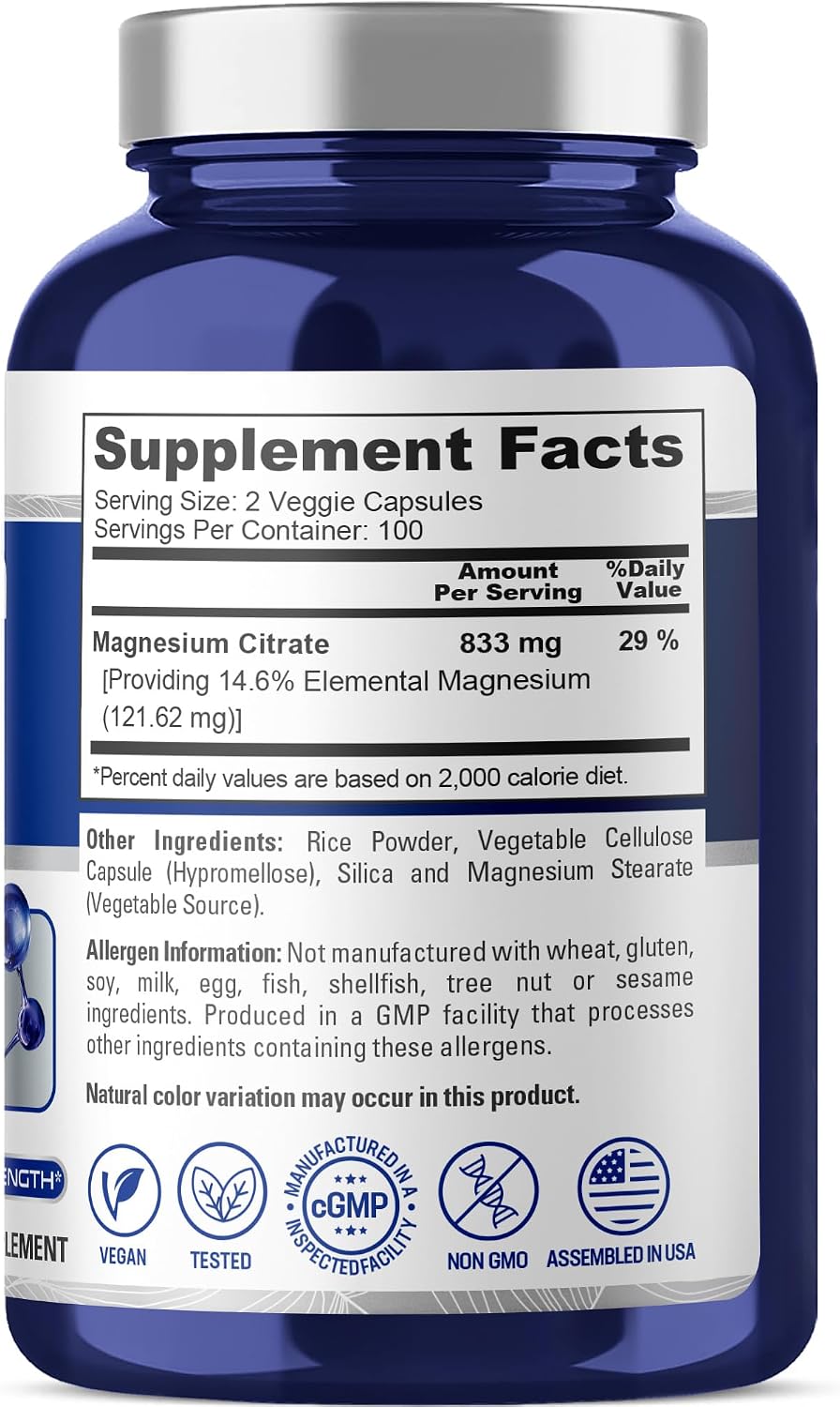 Magnesium Citrate, Non-GMO, Vegan, 833mg, 200 Veg Capsules - 100 Servings | Mineral Formulation, 14.6% Elemental Magnesium Citrate