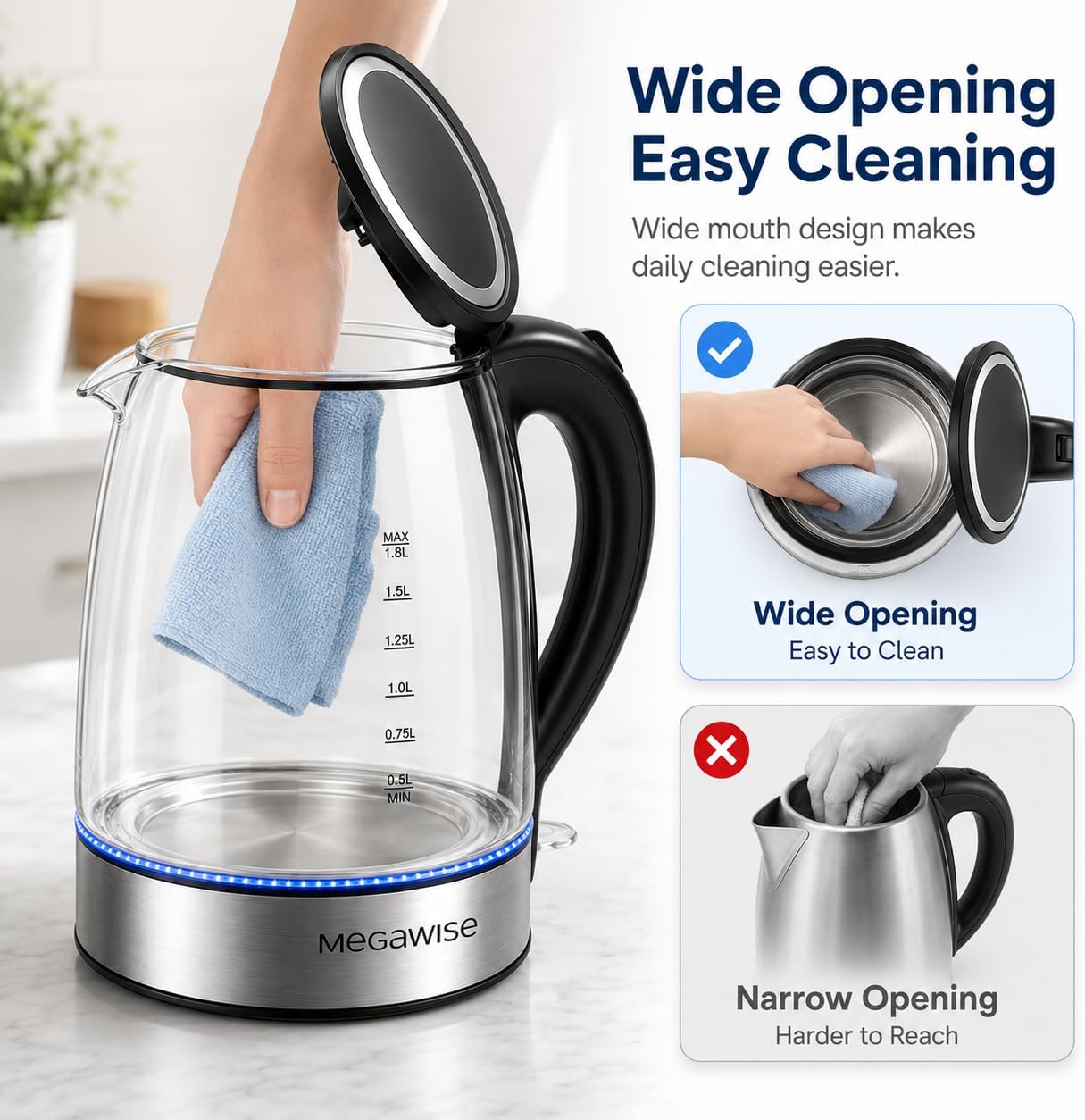 MEGAWISE 1.8L Electric Glass Kettle with Auto Shut-Off and Blue LED