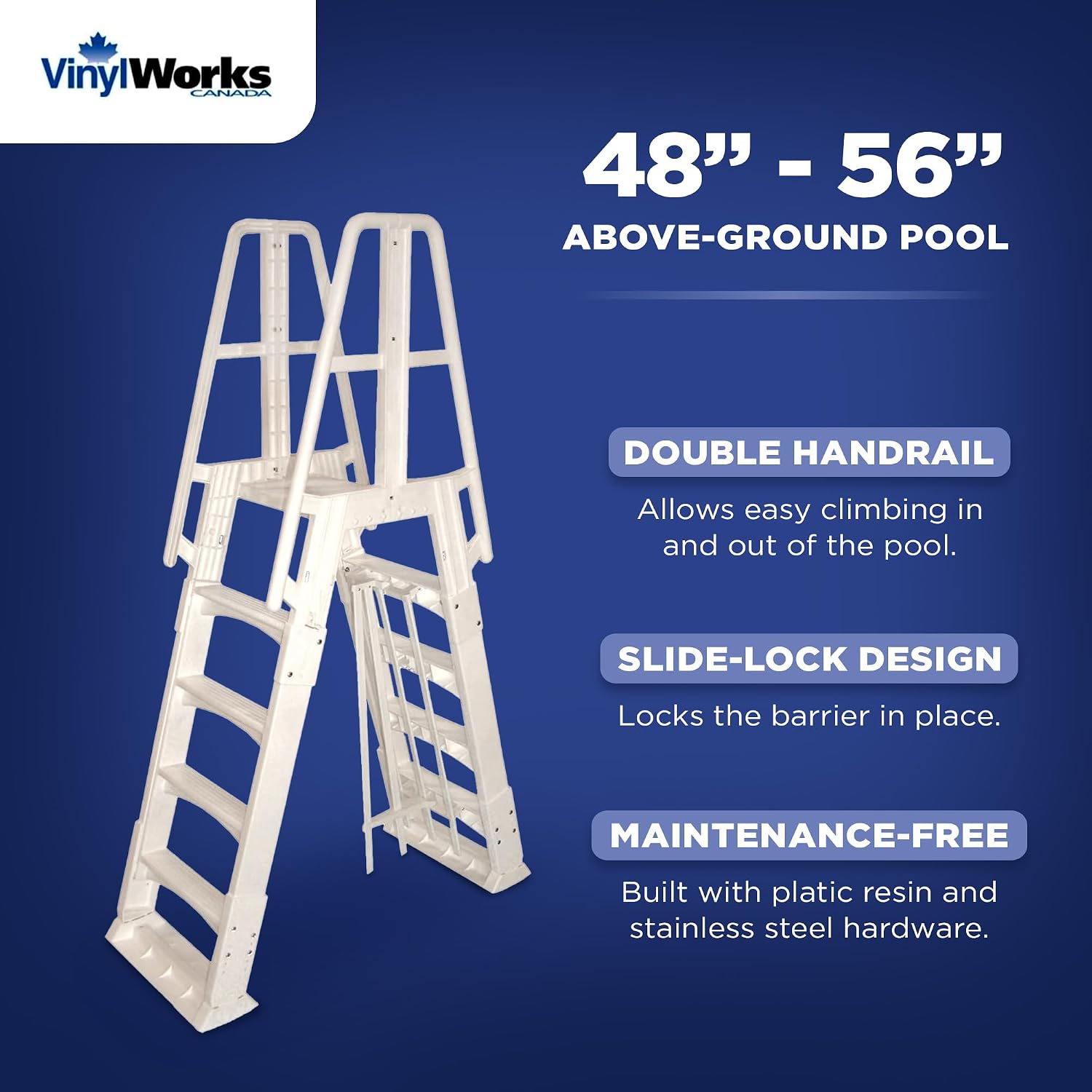 SLA A-Frame 48 to 56 Inch Adjustable Above Ground Swimming Pool Ladder Entry System with Slide Lock Barrier and Handrails, White