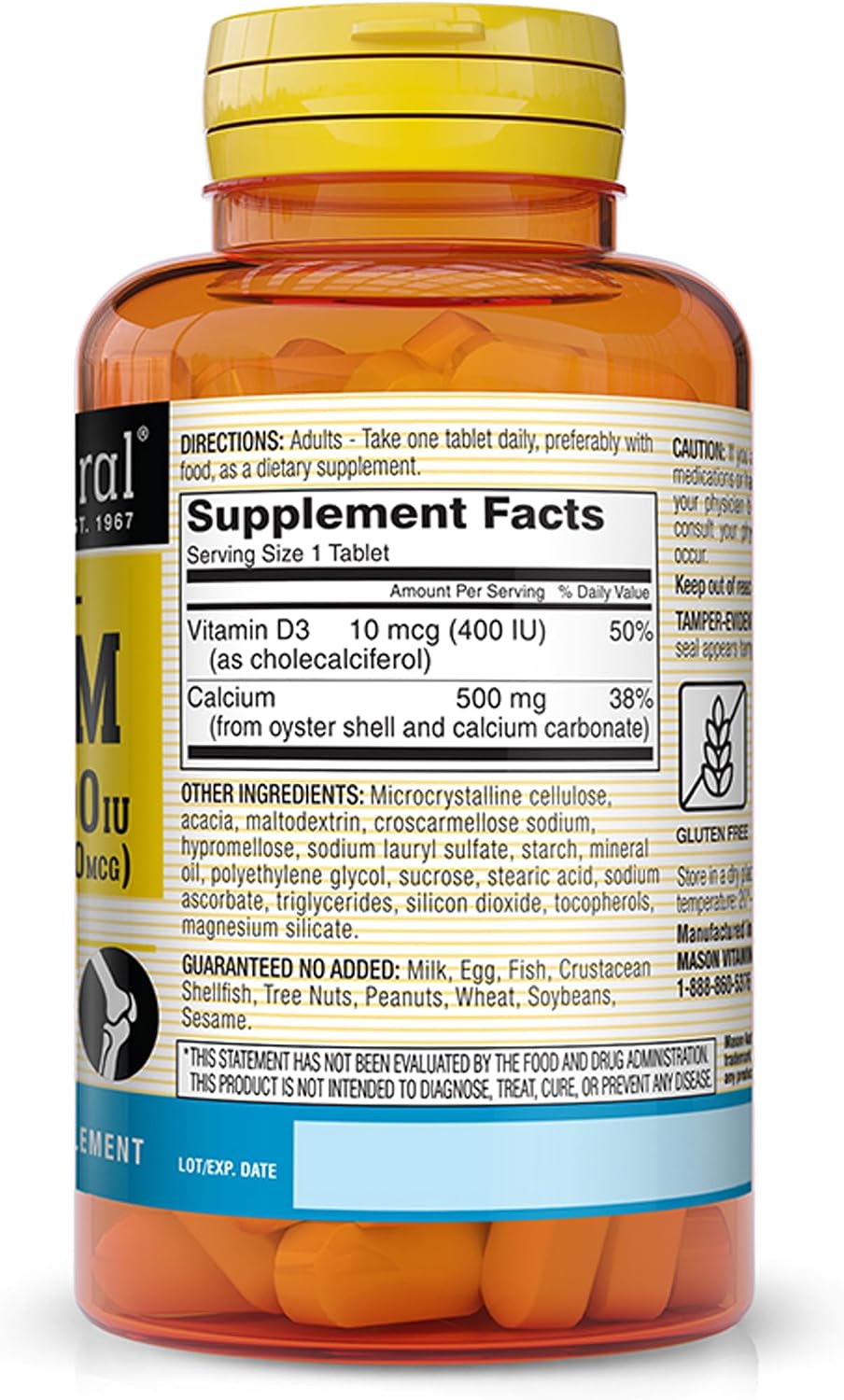 MASON NATURAL Calcium 500 mg (Oyster Shell) with Vitamin D3 to Support Normal Bone and Muscle Function, 250 Tablets