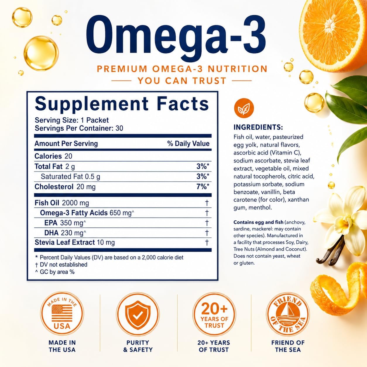 Coromega - Omega 3 Fish Oil Supplement - 30 Squeeze Packets - 650mg | Orange Flavor, 3X Better Absorption Than Softgels, Easy To Take, No Fishy Aftertaste, Convenient Daily Serving