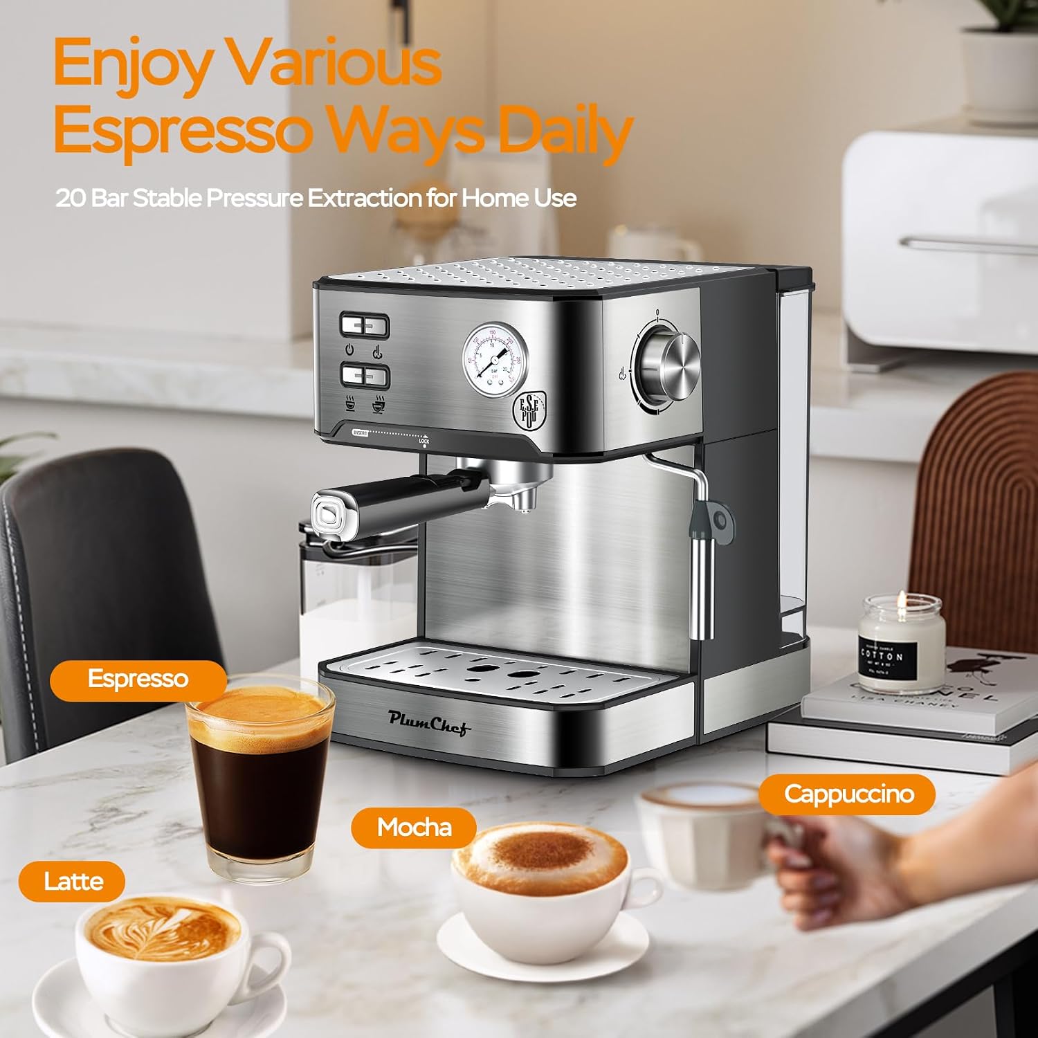 Plum chef Espresso Machine 20 Bar, Household Coffee Maker with Milk Frother Steam Wand, Pressure Gauge, 54oz Large Water Tank, Low Noise Fast Brew for Cappuccino Latte Macchiato Home Office