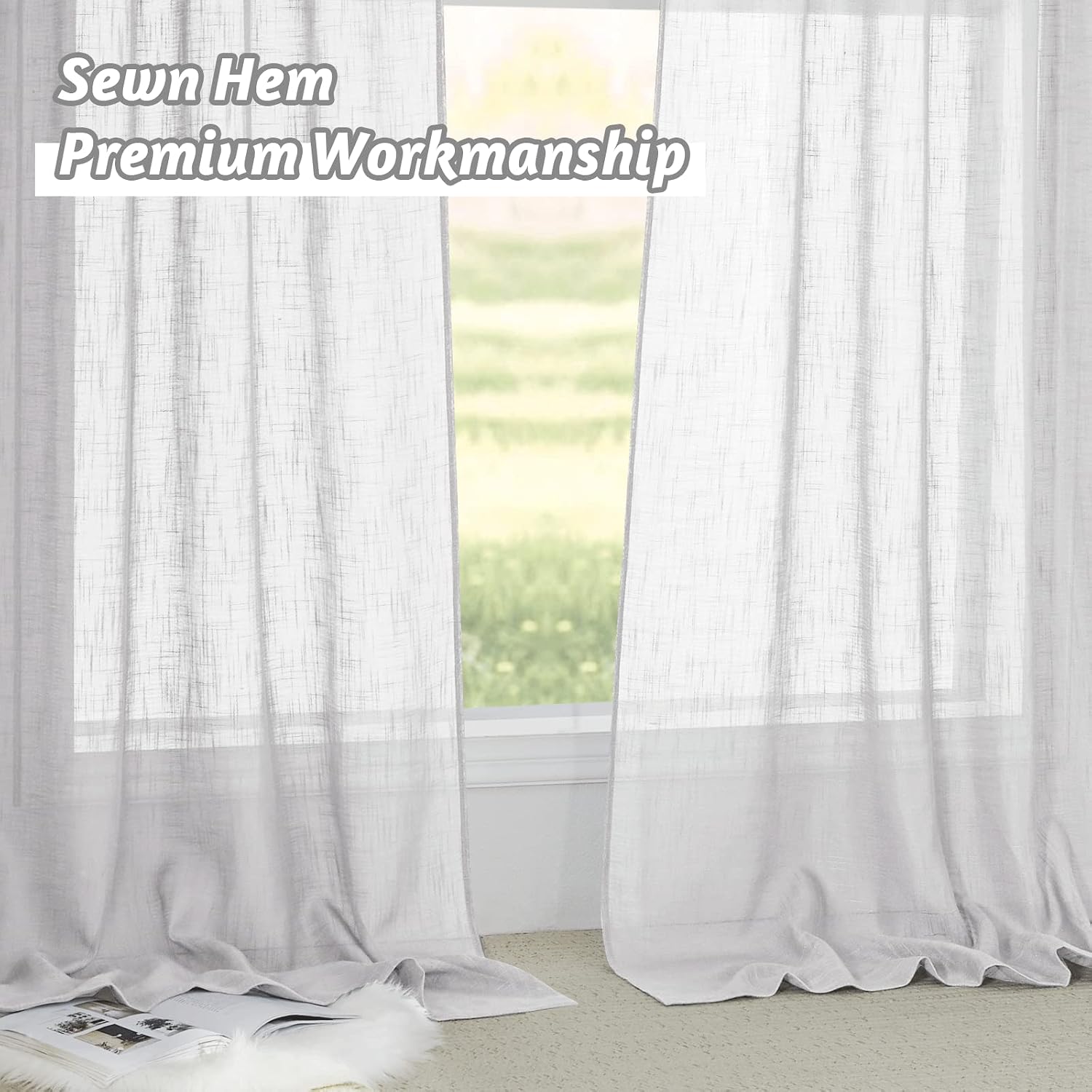 RYB HOME Linen Sheer Curtains - Linen Textured Semi Sheer Curtains for Kids Nursery Bedroom Living Room Window