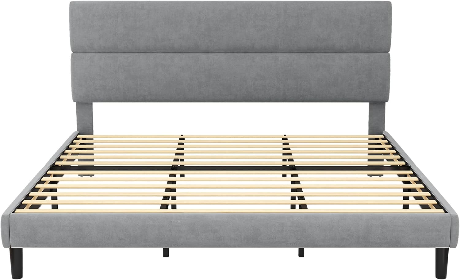 GRUSIGN Queen Size Platform Bed Frame with Velvet Headboard, Adjustable Height Wooden Slats Support, Upholstered Mattress Foundation, Fits Mattress or Mattress with Box Spring, Easy Assembly, Beige