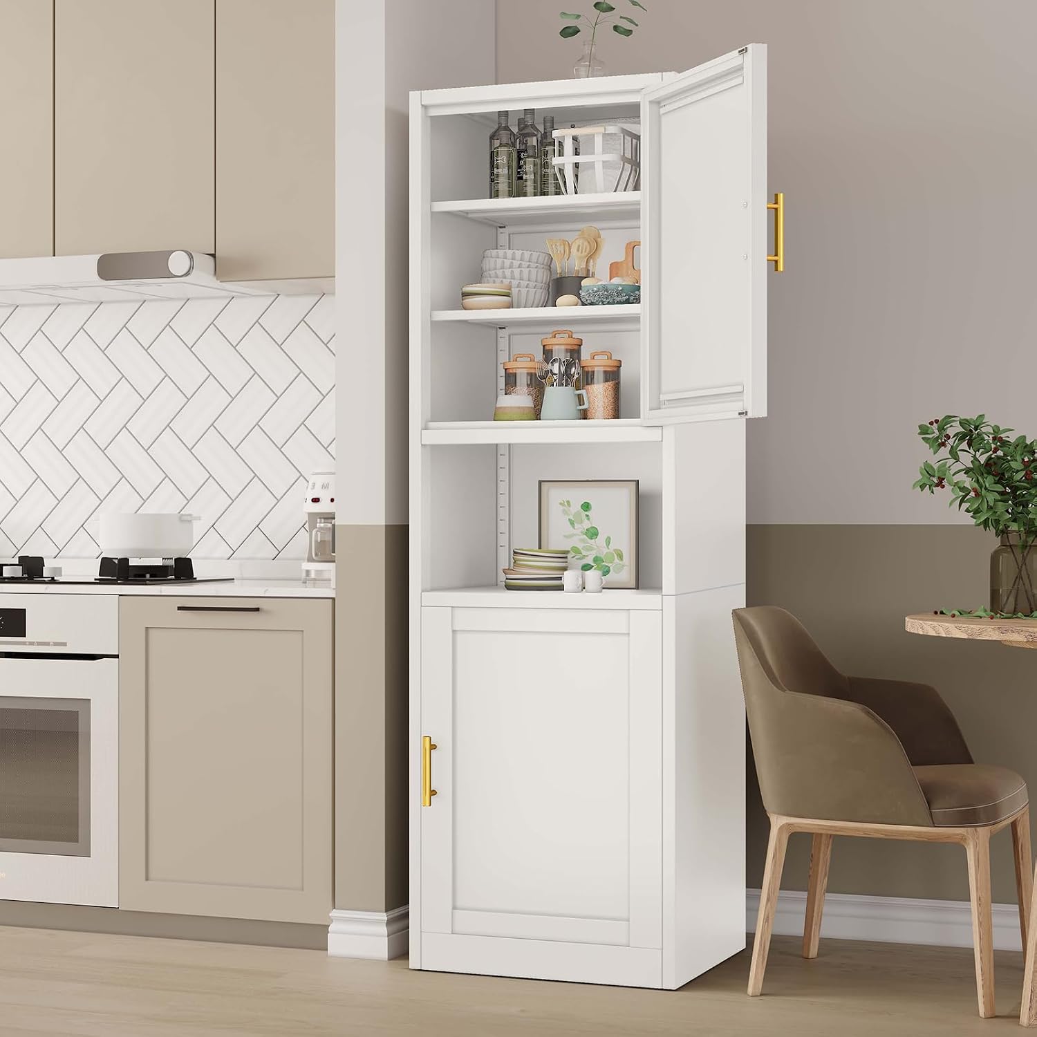pozdeg 67" Tall Narrow White Metal Storage Cabinet | 2 Doors, 4 Adjustable Shelves, Freestanding Slim Pantry Organizer for Bathroom Kitchen Living Room
