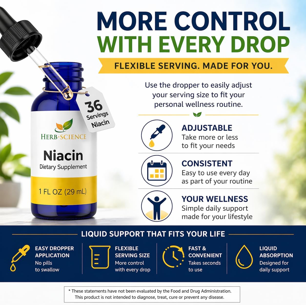 Liquid Vitamin B3 Niacin Drops, Alcohol-Free, 1 Oz | Easy-to-Take Liquid Formula with Flexible Serving, Vegan, Non-GMO