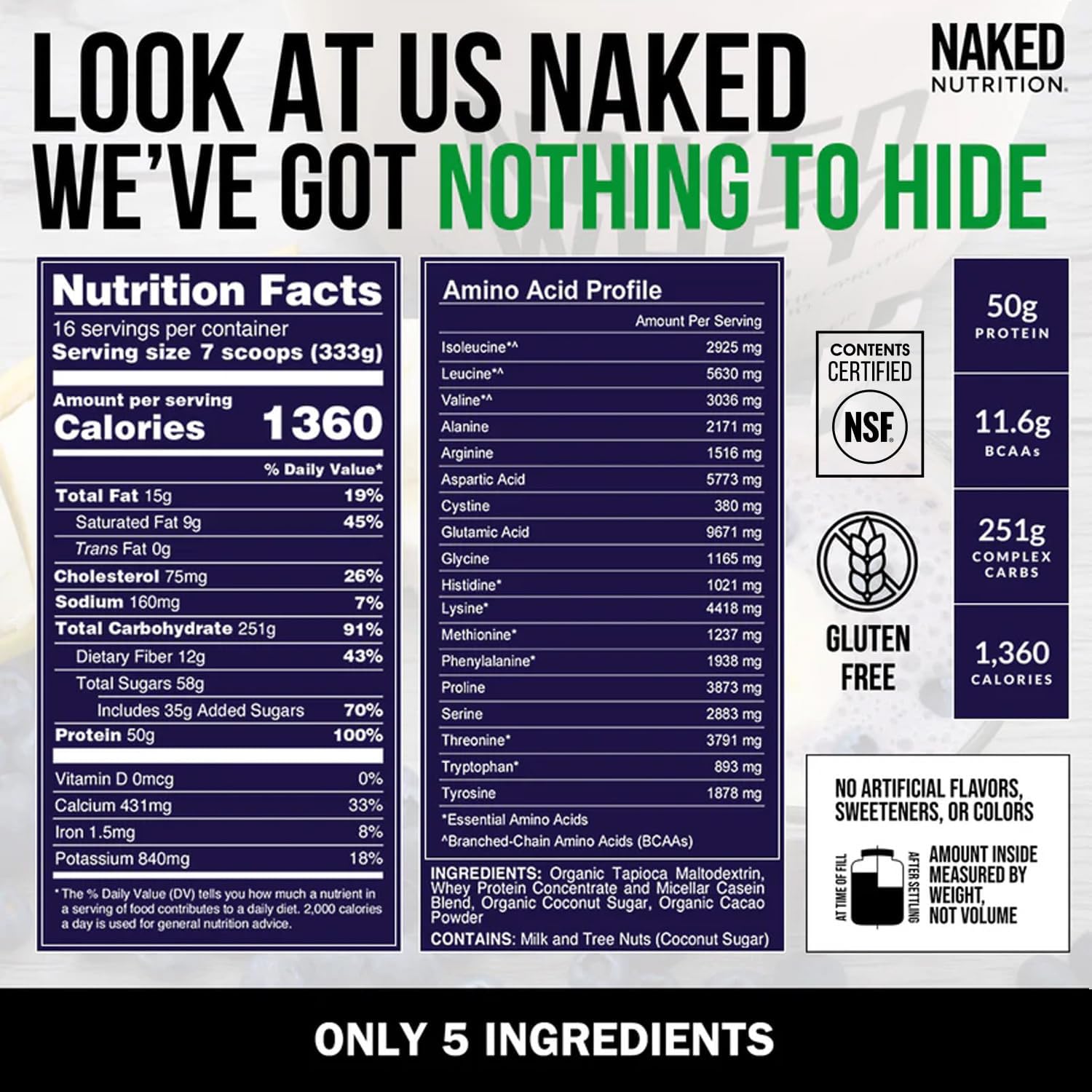 NAKED Mass - Natural Weight Gainer Protein Powder - 8 LB Bulk, NSF Certified, GMO Free, Gluten Free & Soy Free. No Artificial Ingredients - 1,250 Calories per Serving