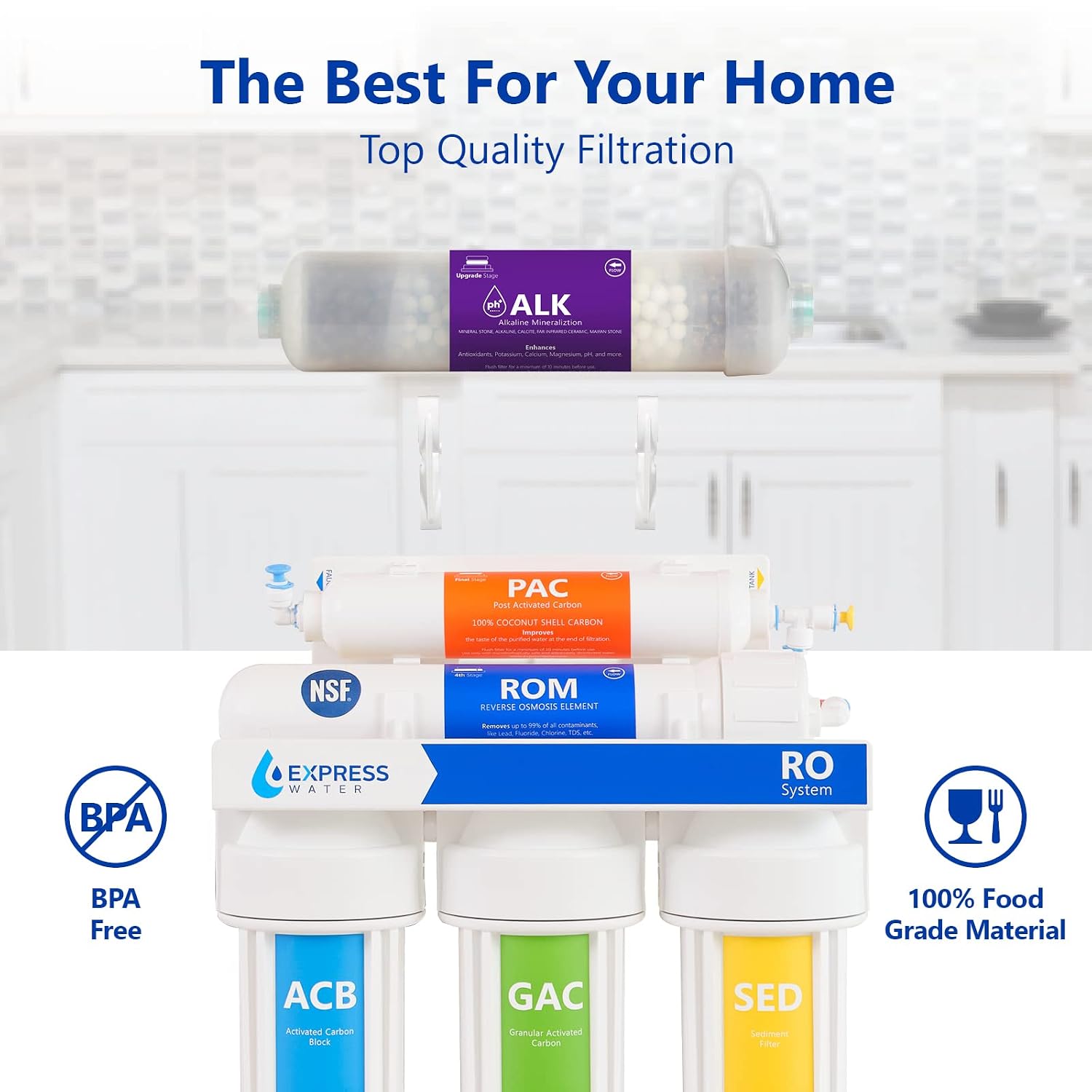 Express Water ROALK5D, 10-Stage Under Sink RO System, Alkaline, 50 GPD | NSF Certified 372, Deluxe Chrome Facuet, Reduces 99% of Impurities, BPA Free, Leak Detection
