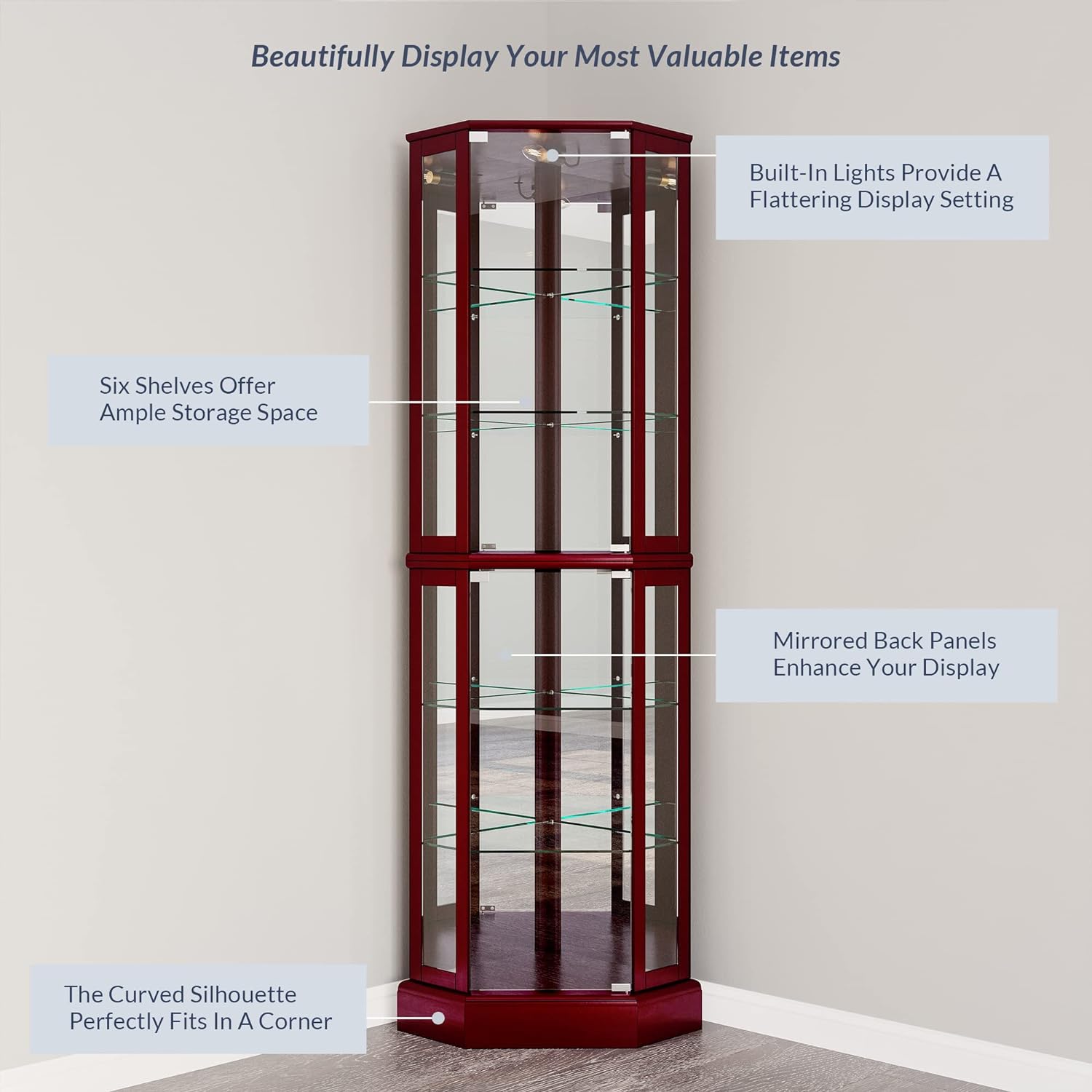 BELLEZE Lighted Corner Display Curio Cabinet Wooden Curved Shelving Unit with Tempered Glass Door