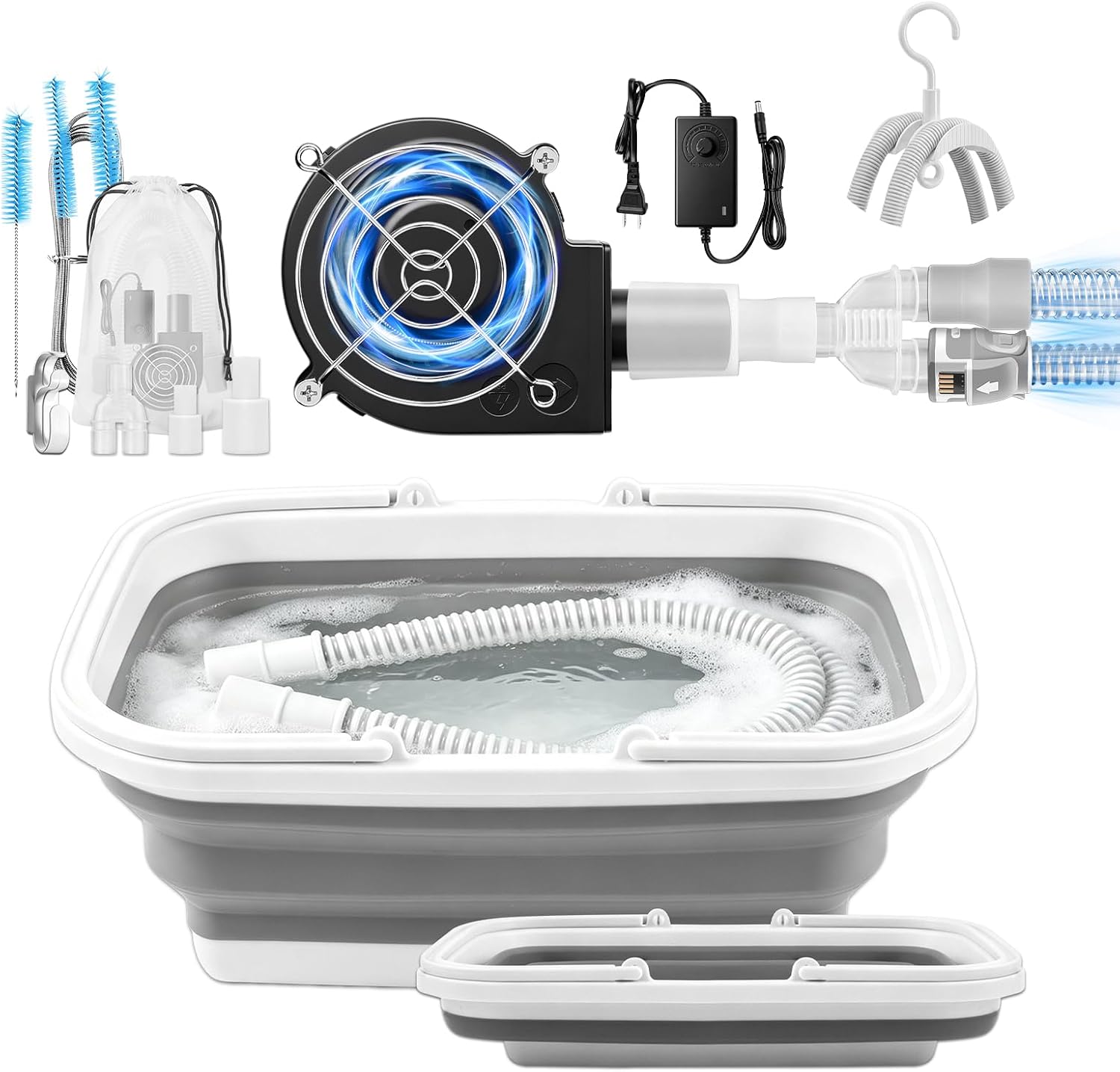CPAP Cleaning Kit with Hose Dryer for 15-22mm Tubing CPAP Supplies Cleaner, Extra Large | Complete 11Pack CPAP Cleaning Tool, Fast Drying Fan