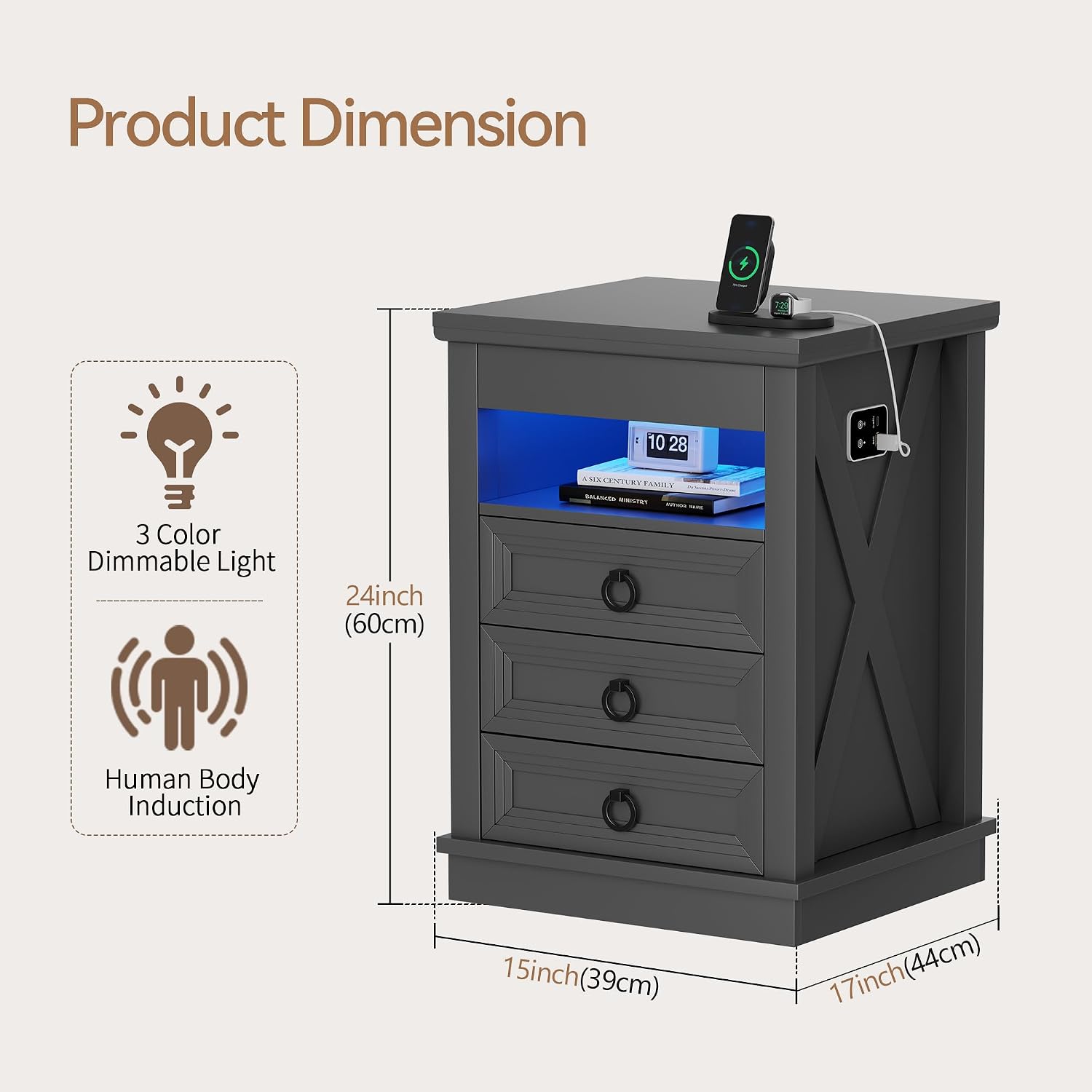 Lvifur LED Nightstand with Lockable Gun Drawer and Human Sensor, Black | USB & Type-C Charging Station, 3 Dimmable Lights, Adjustable Brightness, 3 Drawers, Farmhouse Style, Human Body Induction