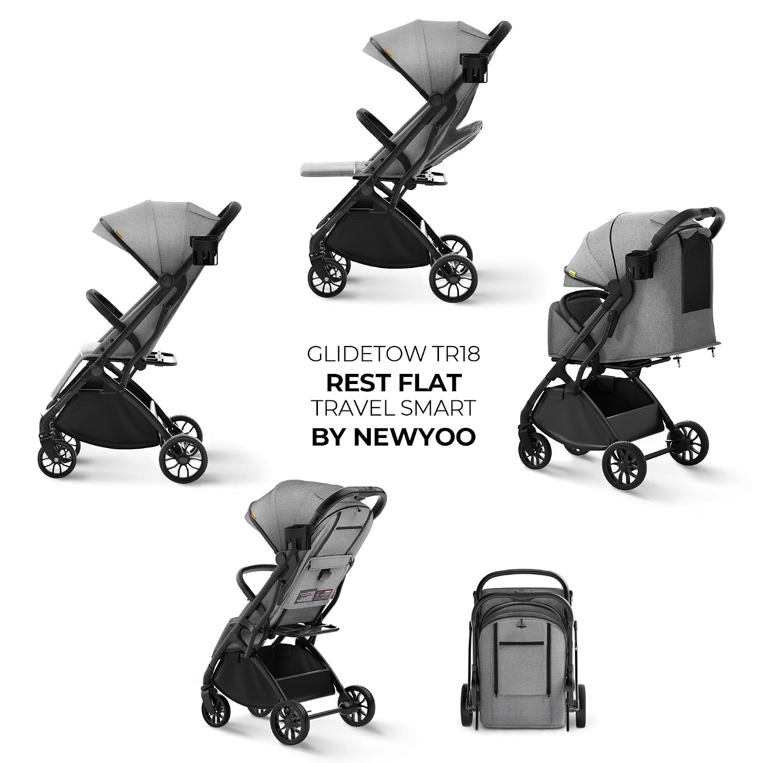 newyoo GlideTow TR18 Travel Stroller, Compact & Lightweight, Muted Olive | Newborn to toddler, foldable, self-standing design, 175° near-flat recline, large mesh window, trolley mode & UPF 50+ canopy