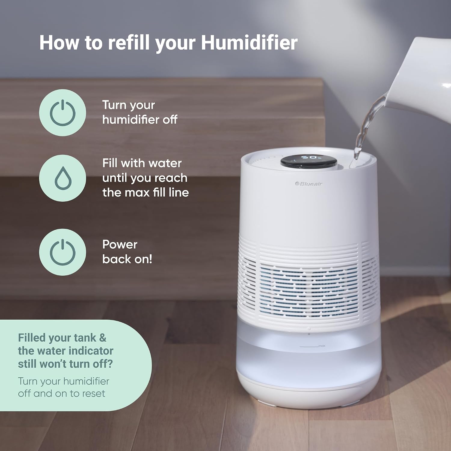 BLUEAIR Premium Smart Humidifier for Large Rooms, Bedrooms, Better Sleep with Evaporative Invisible Mist Tech, Auto Humidify, Easy Top Fill
