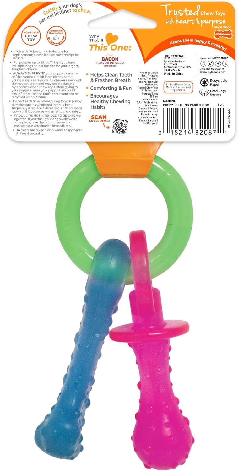 Nylabone Puppy Pacifier Chew Toy, Teething Toys for Puppies up to 25 lbs | Puppy teething toys with bacon flavor, soft material, textured nubs massage gums