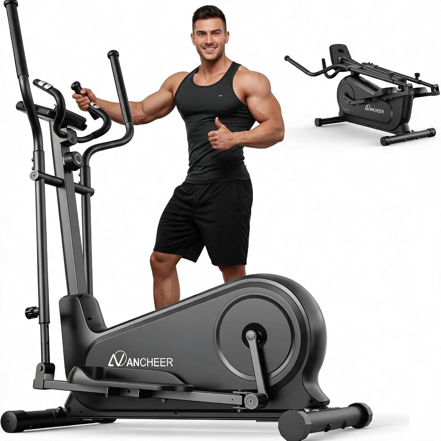 ANCHEER Elliptical Exercise Machine for Home, Foldable Magnetic Elliptical Trainer with 16" Stride, 16 Resistance Levels, Adjustable Pedals, LCD Monitor & Pulse Sensor, 550 LBS Weight Capacity
