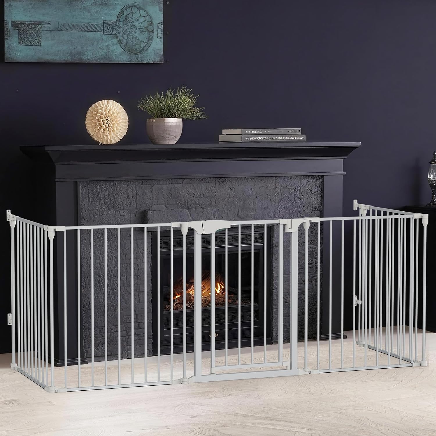 Bonnlo 134 Inches Wide Configurable Baby Gate, Fireplace Safety Fence/Guard, Adjustable 5-Panel Metal Play Yard for Toddler/Pet/Dog, Christmas Tree Fence, Includes 4 Pack of Wall Mounts, Black