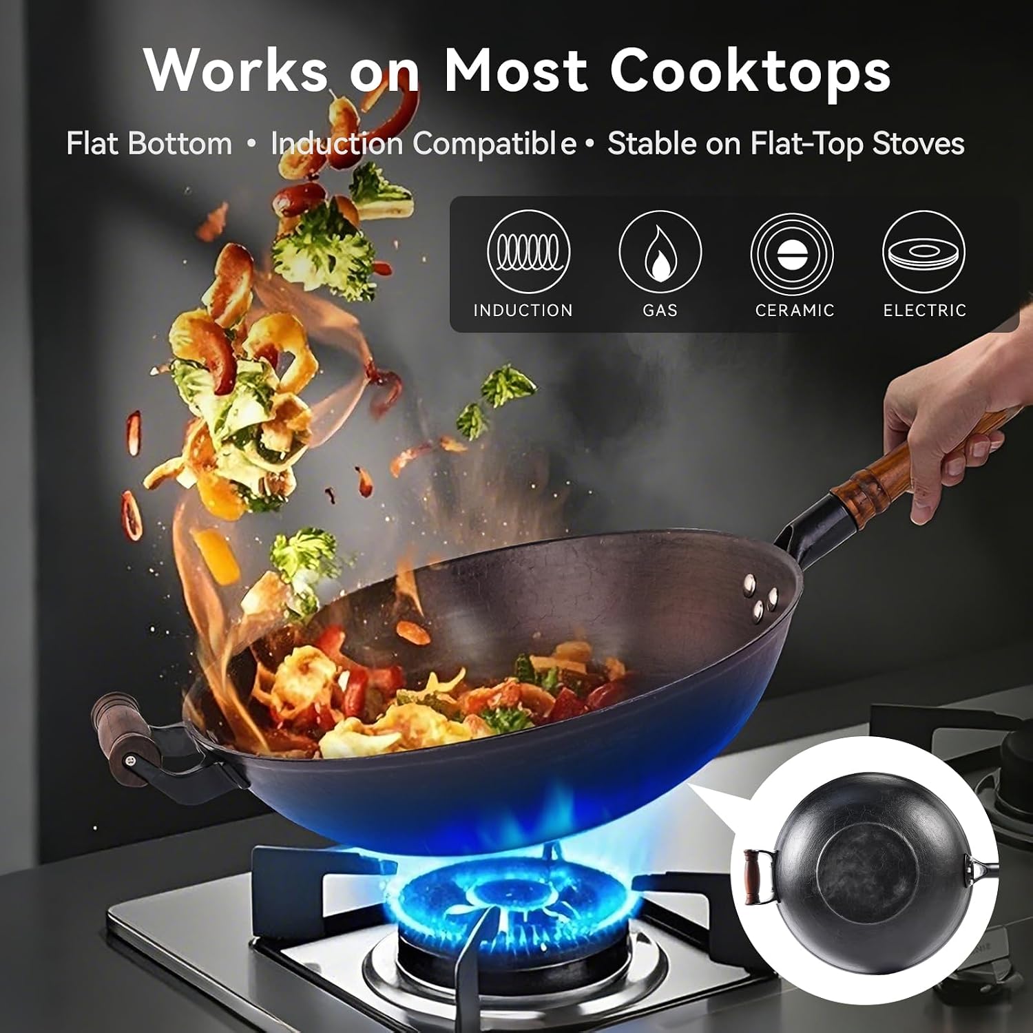 WANGYUANJI 12.6 Inch Cast Iron Wok with Wooden Lid, Handcrafted Flat Bottom Chinese Stir Fry Pan, Uncoated Heavy-Duty Iron Wok for Induction, Gas