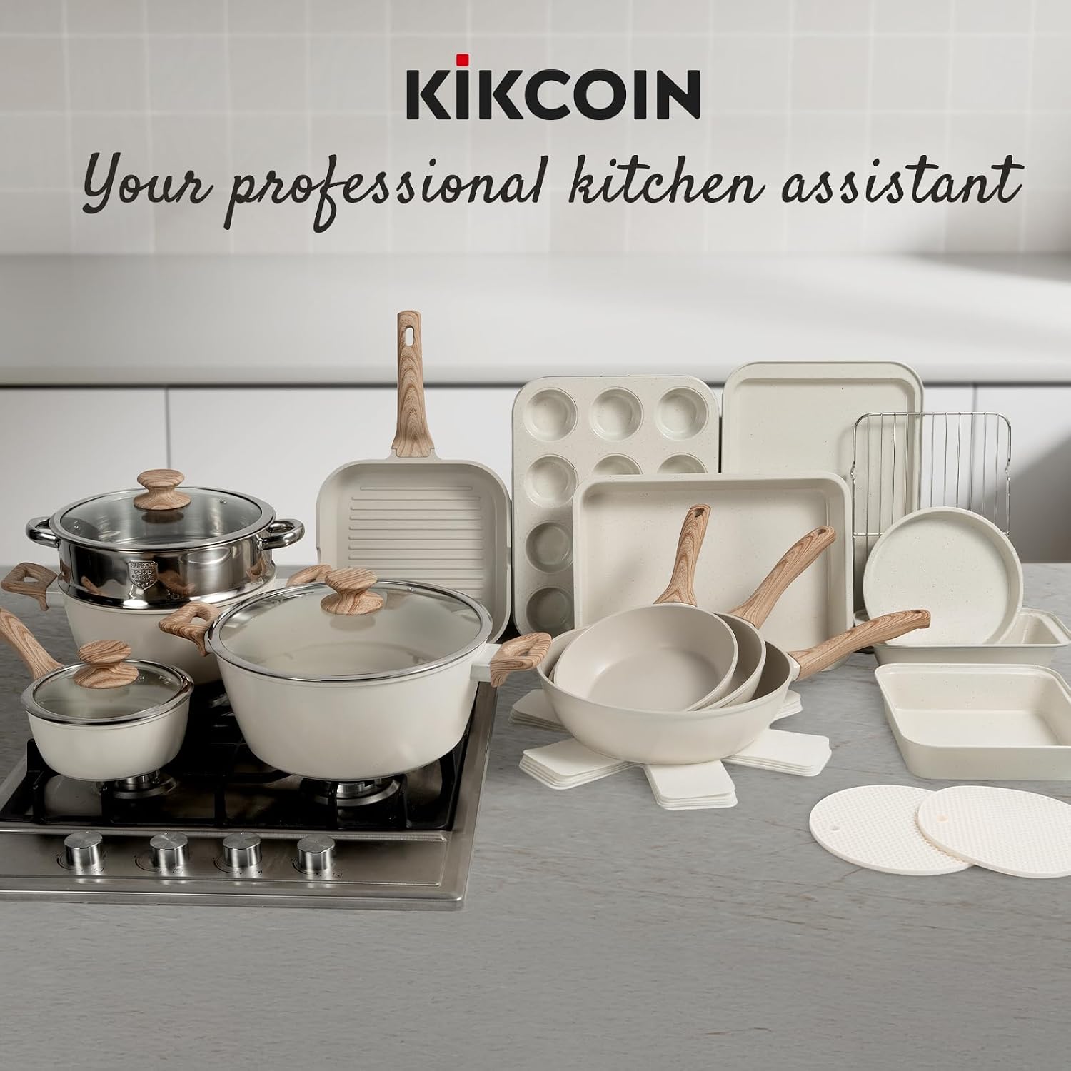Kikcoin Pots and Pans Set Non Stick 31 Piece Kitchen Nonstick Cooking Cookware Sets with Grill Pan Saucepan Baking Sheet Utensil, Black